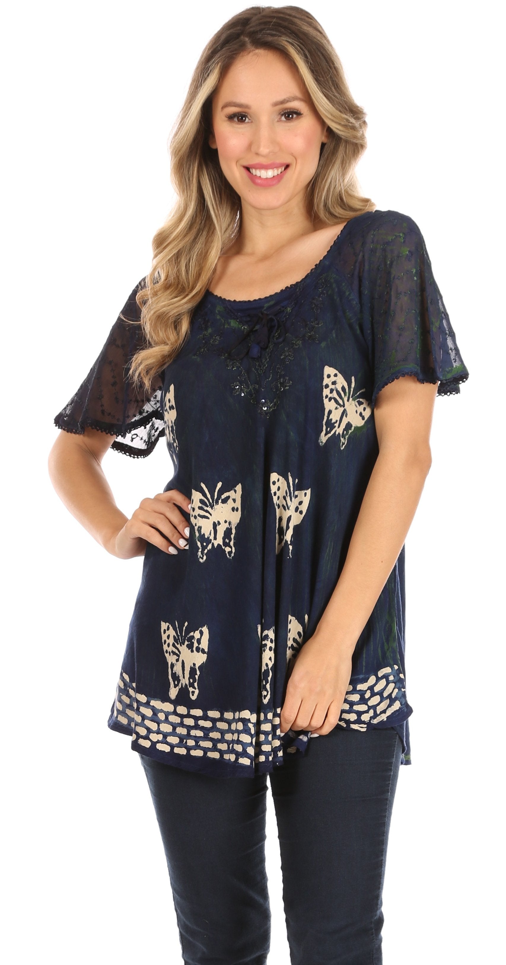 Sakkas - Petra Casual Loose Flared Corset Short Sleeve Lace Blouse Top Tunic