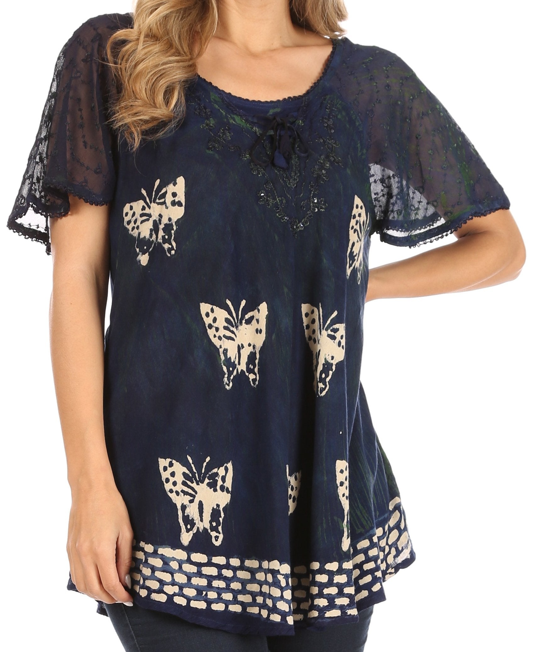Sakkas - Petra Casual Loose Flared Corset Short Sleeve Lace Blouse Top Tunic