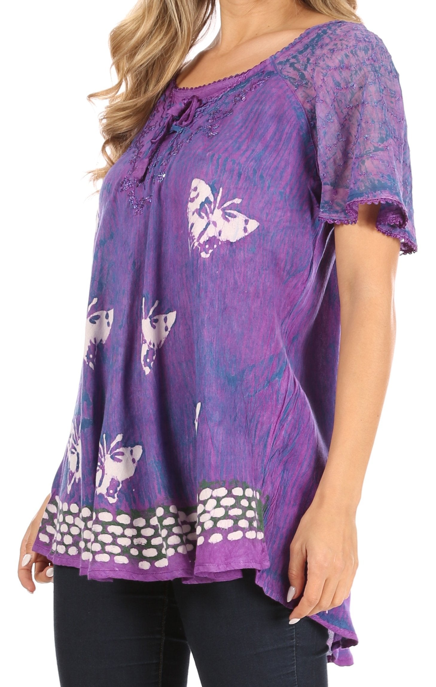 Sakkas - Petra Casual Loose Flared Corset Short Sleeve Lace Blouse Top Tunic