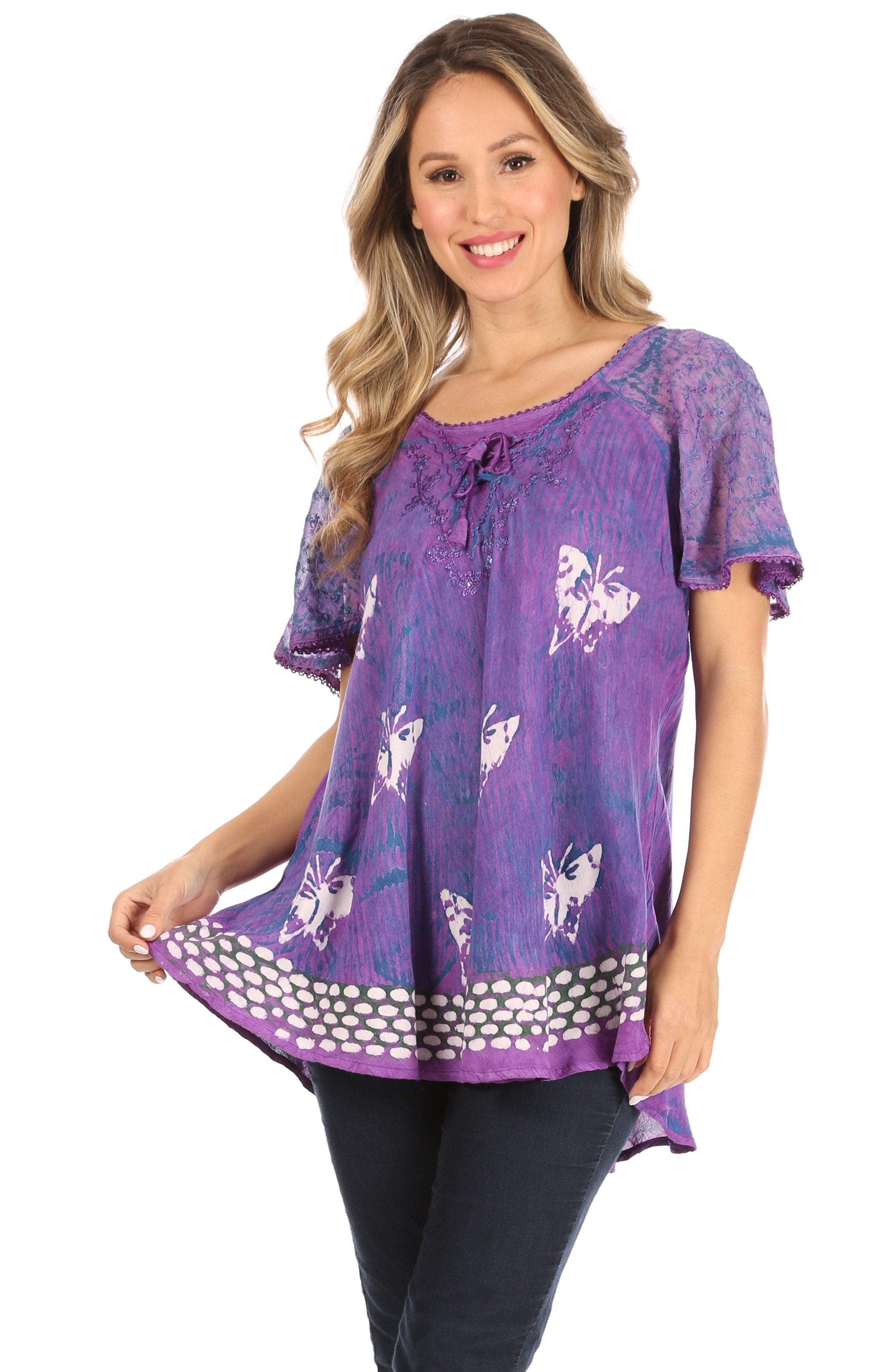 Sakkas - Petra Casual Loose Flared Corset Short Sleeve Lace Blouse Top Tunic
