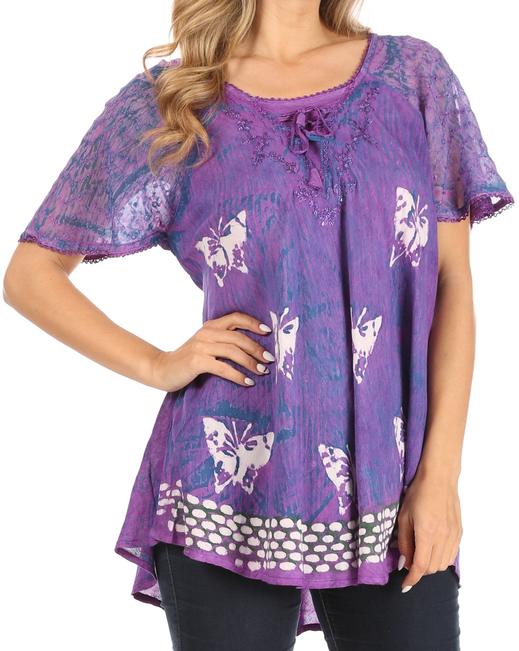 Sakkas - Petra Casual Loose Flared Corset Short Sleeve Lace Blouse Top Tunic