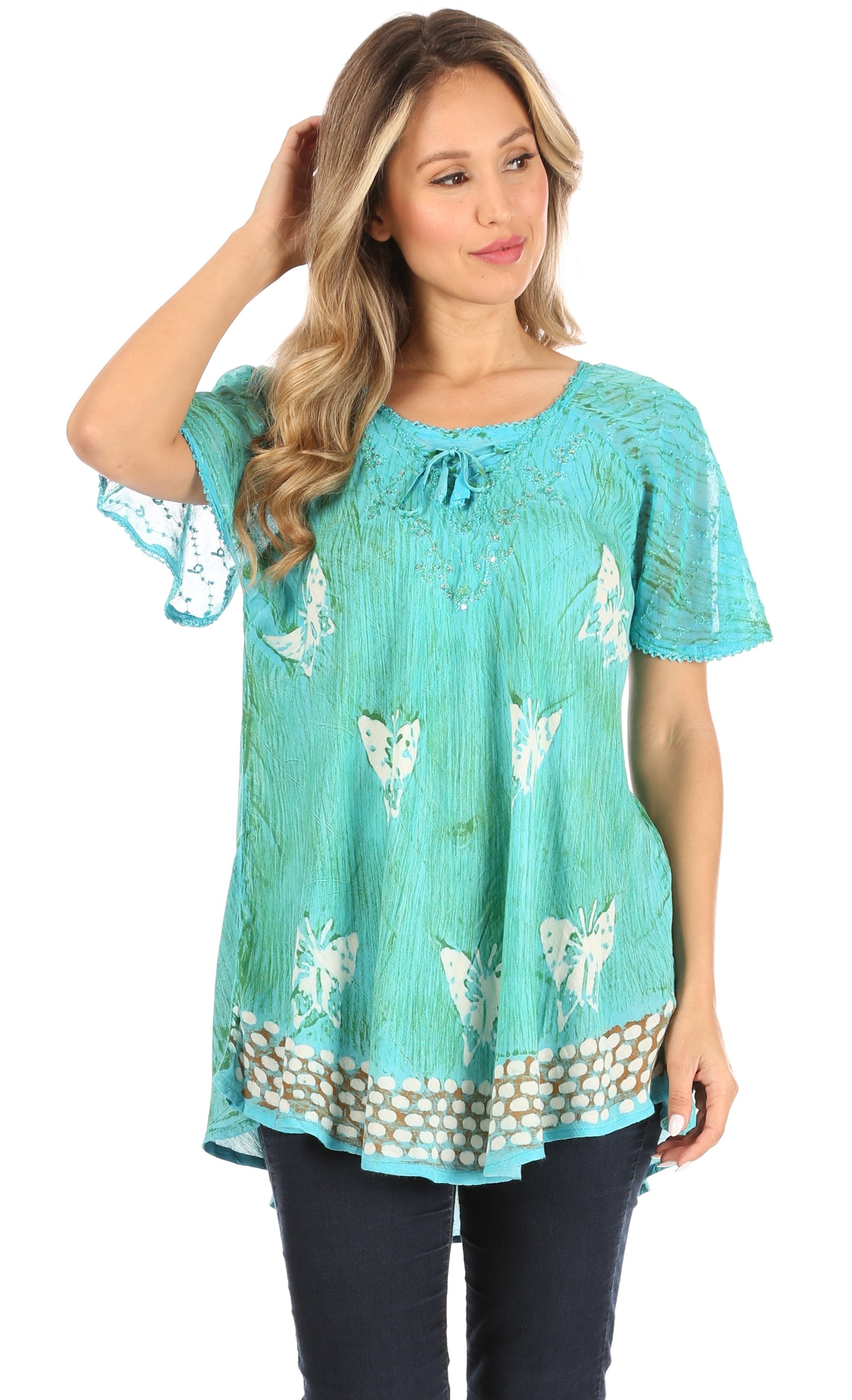 Sakkas - Petra Casual Loose Flared Corset Short Sleeve Lace Blouse Top Tunic