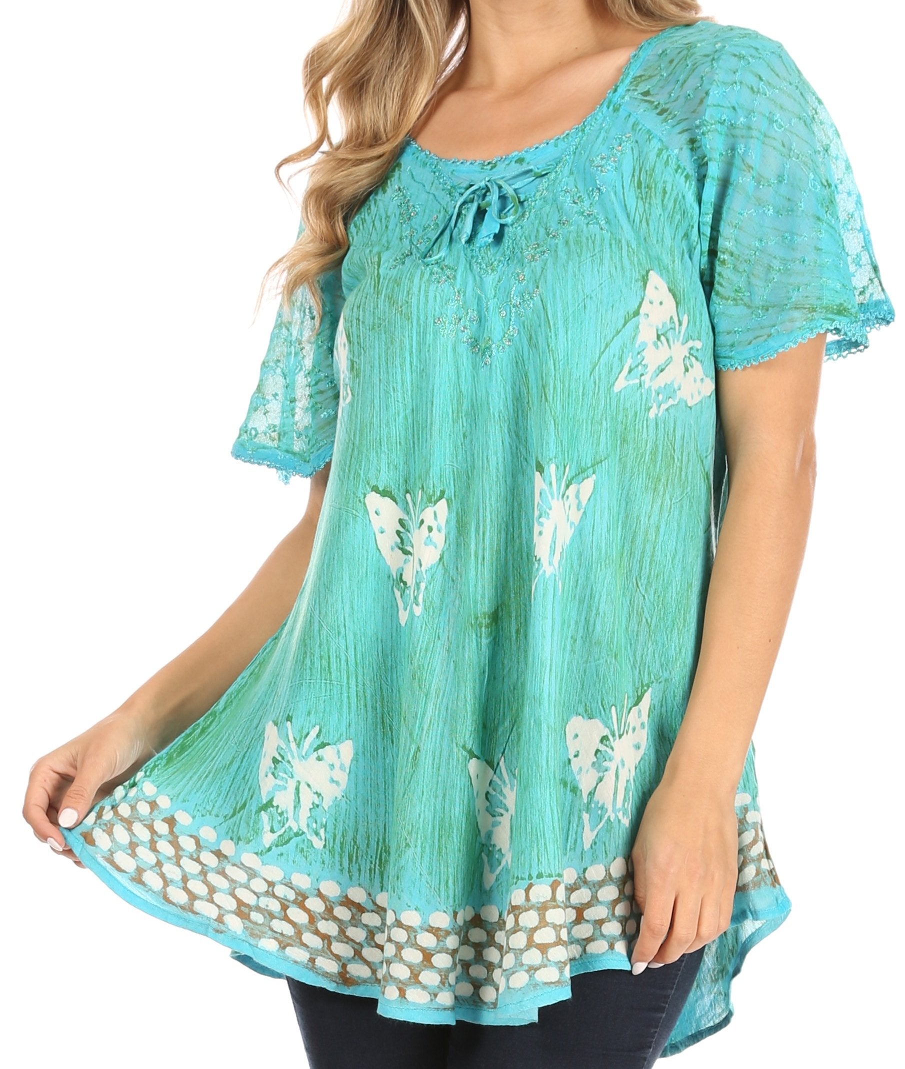 Sakkas - Petra Casual Loose Flared Corset Short Sleeve Lace Blouse Top Tunic