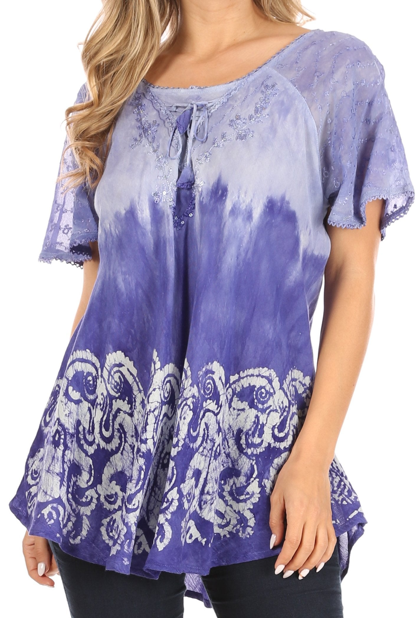 Sakkas - Petra Casual Loose Flared Corset Short Sleeve Lace Blouse Top Tunic