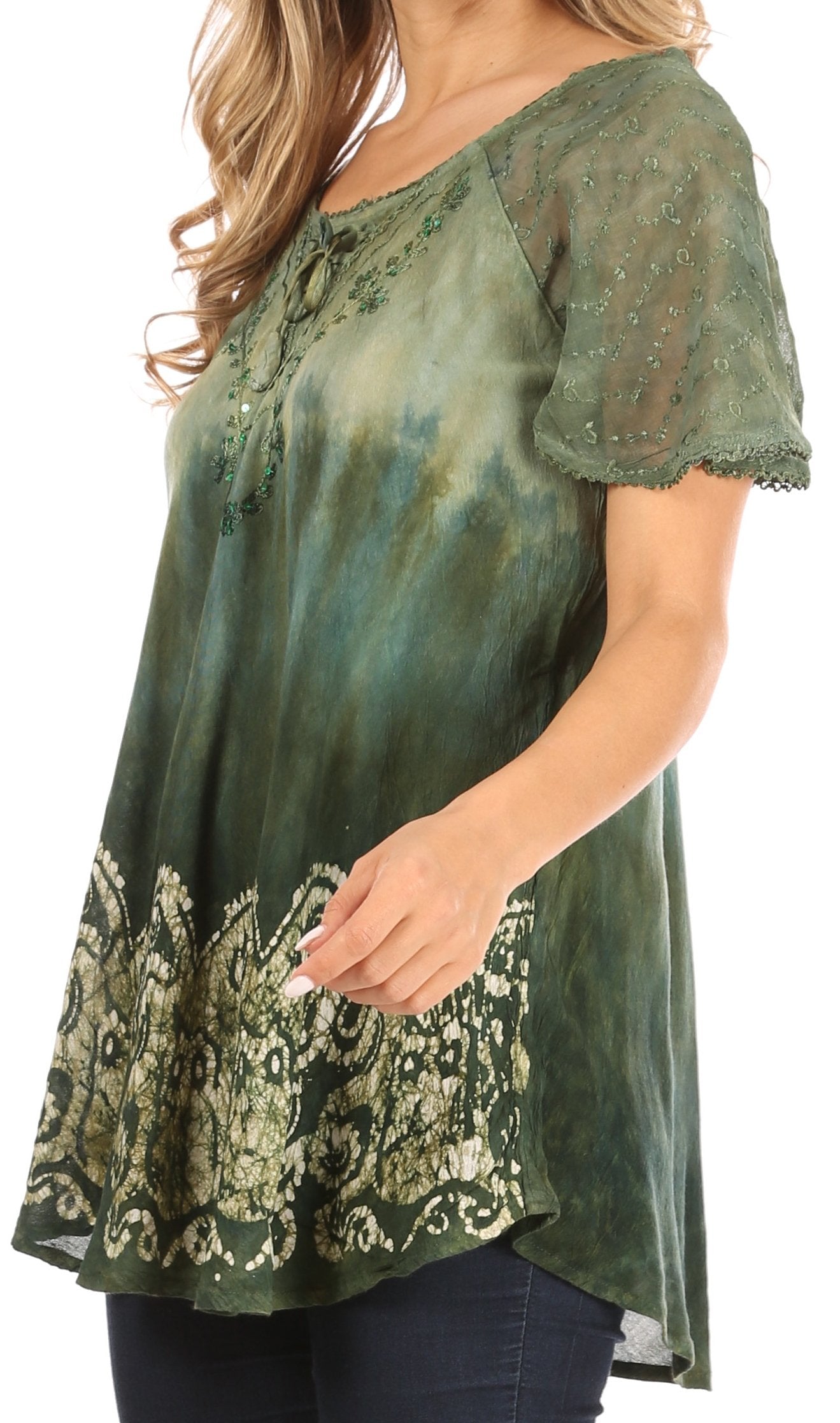 Sakkas - Petra Casual Loose Flared Corset Short Sleeve Lace Blouse Top Tunic