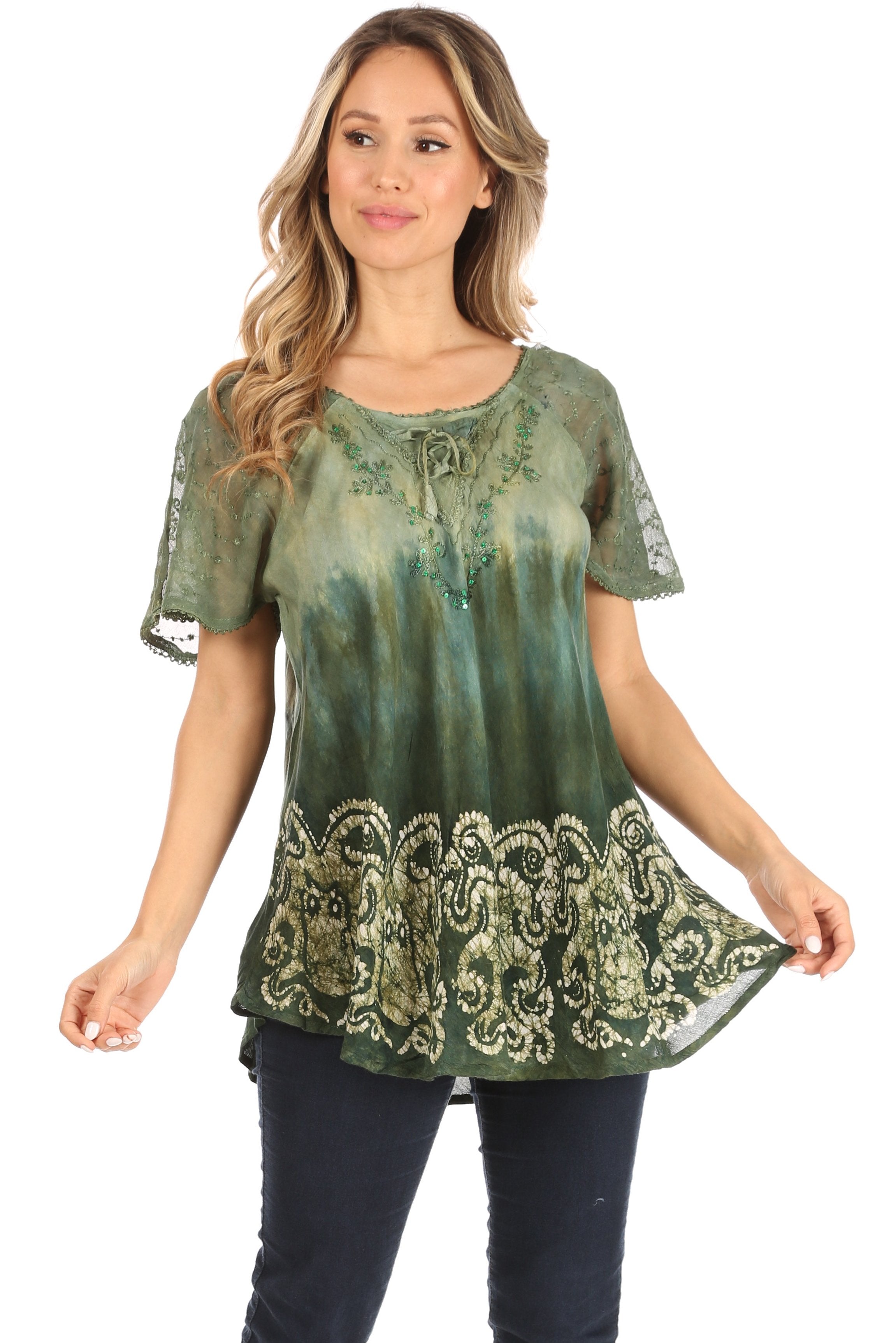Sakkas - Petra Casual Loose Flared Corset Short Sleeve Lace Blouse Top Tunic