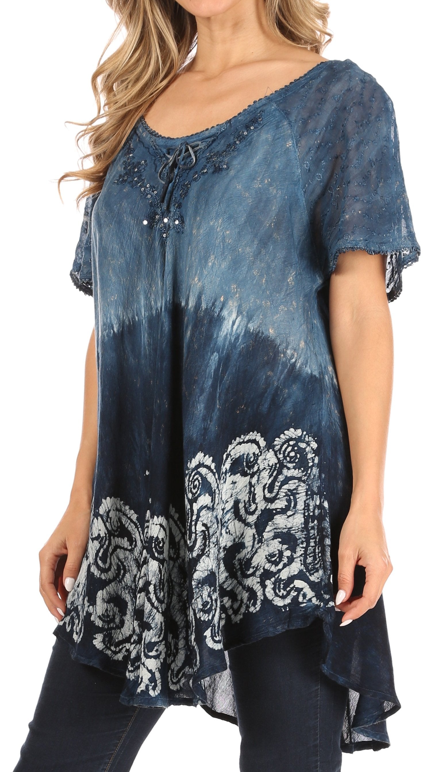Sakkas - Petra Casual Loose Flared Corset Short Sleeve Lace Blouse Top Tunic