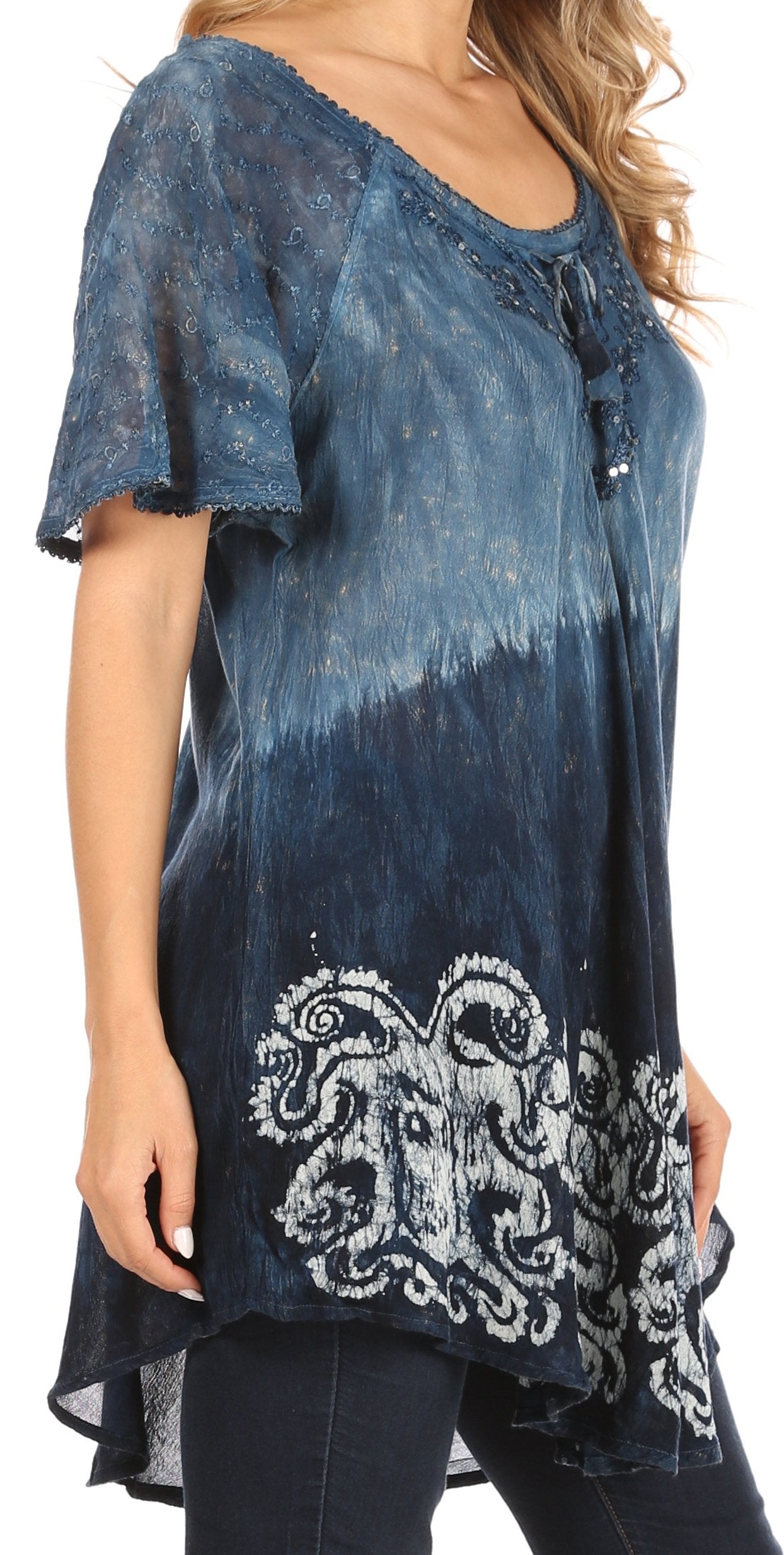 Sakkas - Petra Casual Loose Flared Corset Short Sleeve Lace Blouse Top Tunic