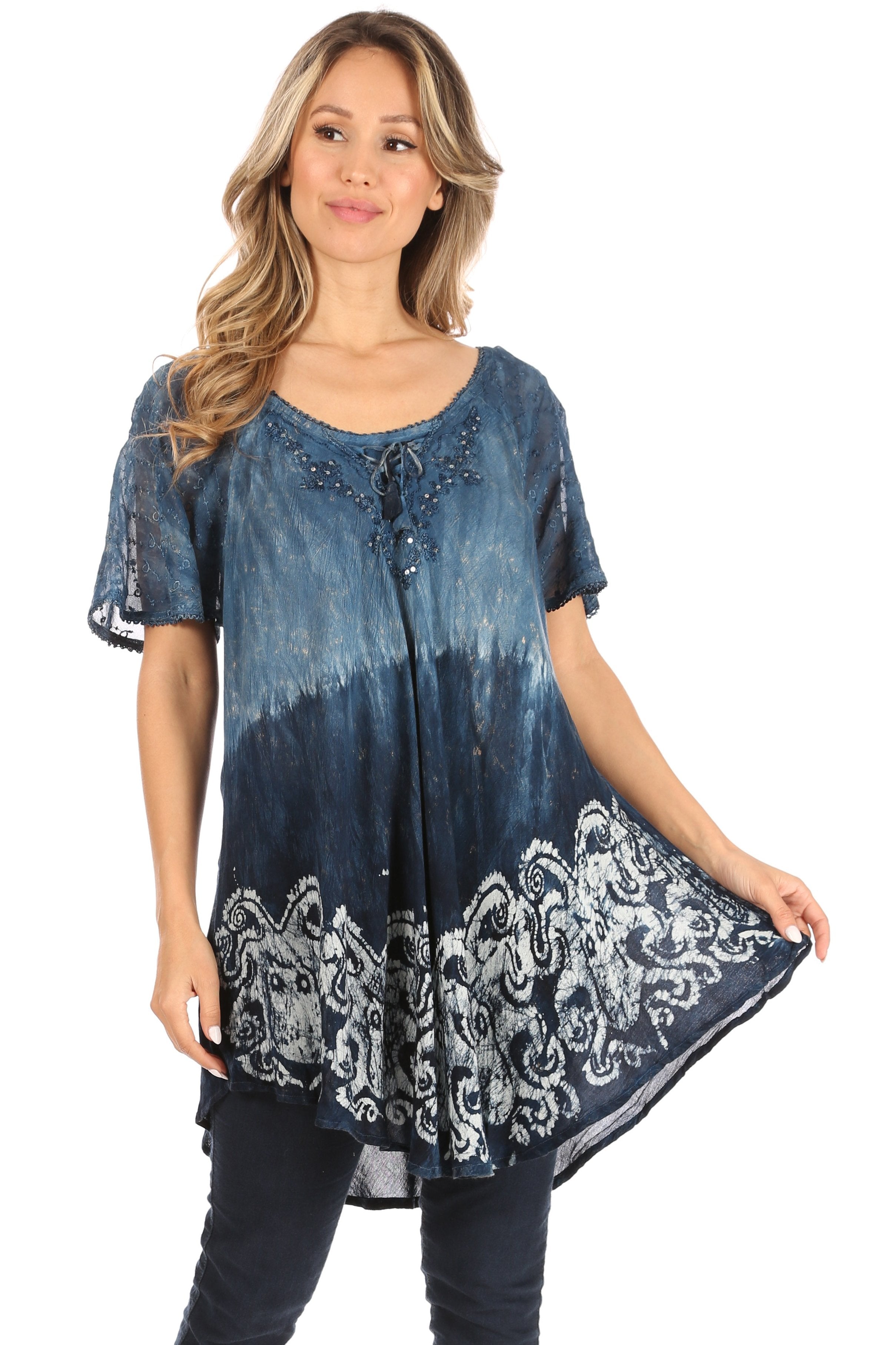 Sakkas - Petra Casual Loose Flared Corset Short Sleeve Lace Blouse Top Tunic