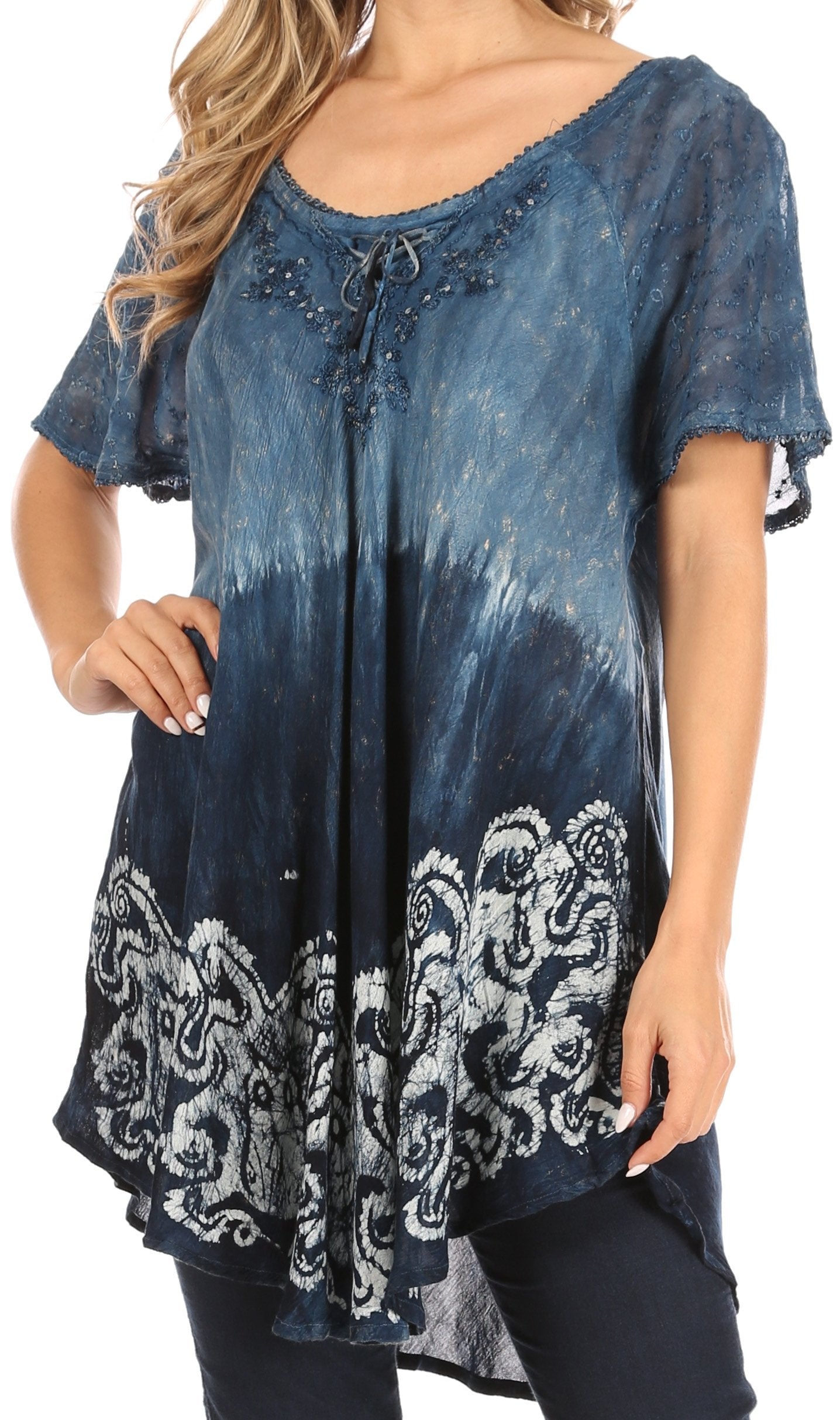 Sakkas - Petra Casual Loose Flared Corset Short Sleeve Lace Blouse Top Tunic