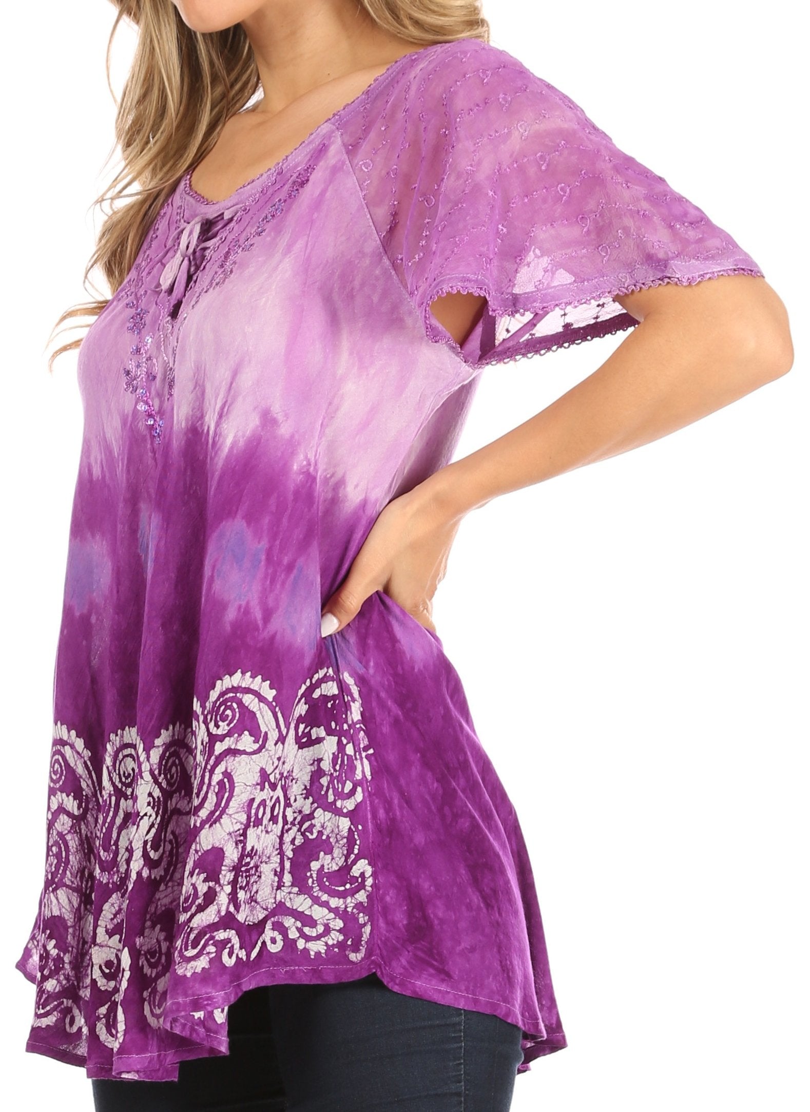 Sakkas - Petra Casual Loose Flared Corset Short Sleeve Lace Blouse Top Tunic