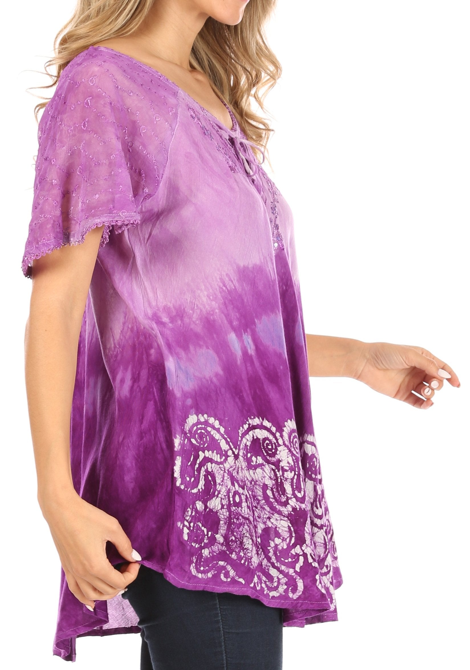 Sakkas - Petra Casual Loose Flared Corset Short Sleeve Lace Blouse Top Tunic