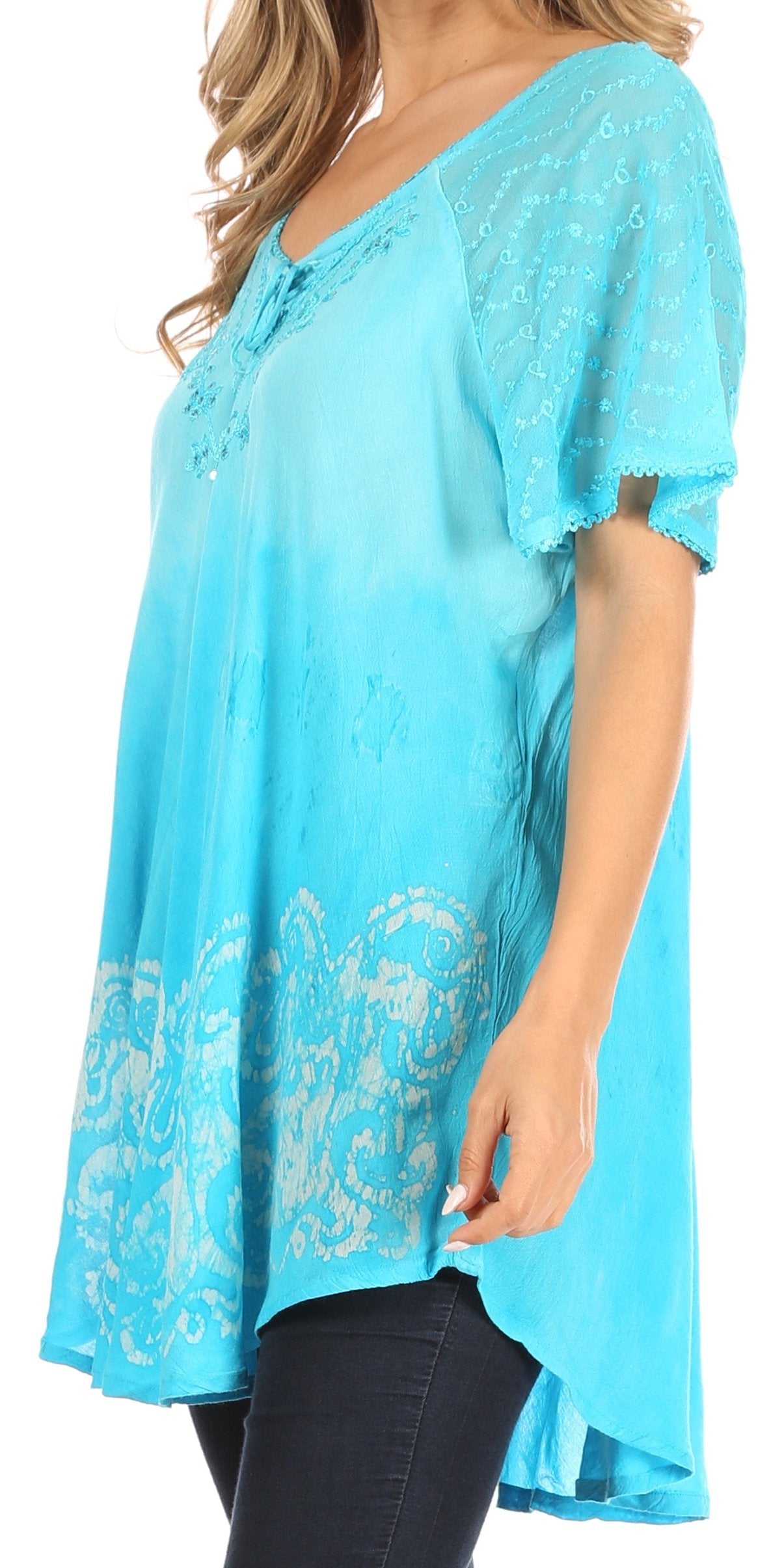 Sakkas - Petra Casual Loose Flared Corset Short Sleeve Lace Blouse Top Tunic