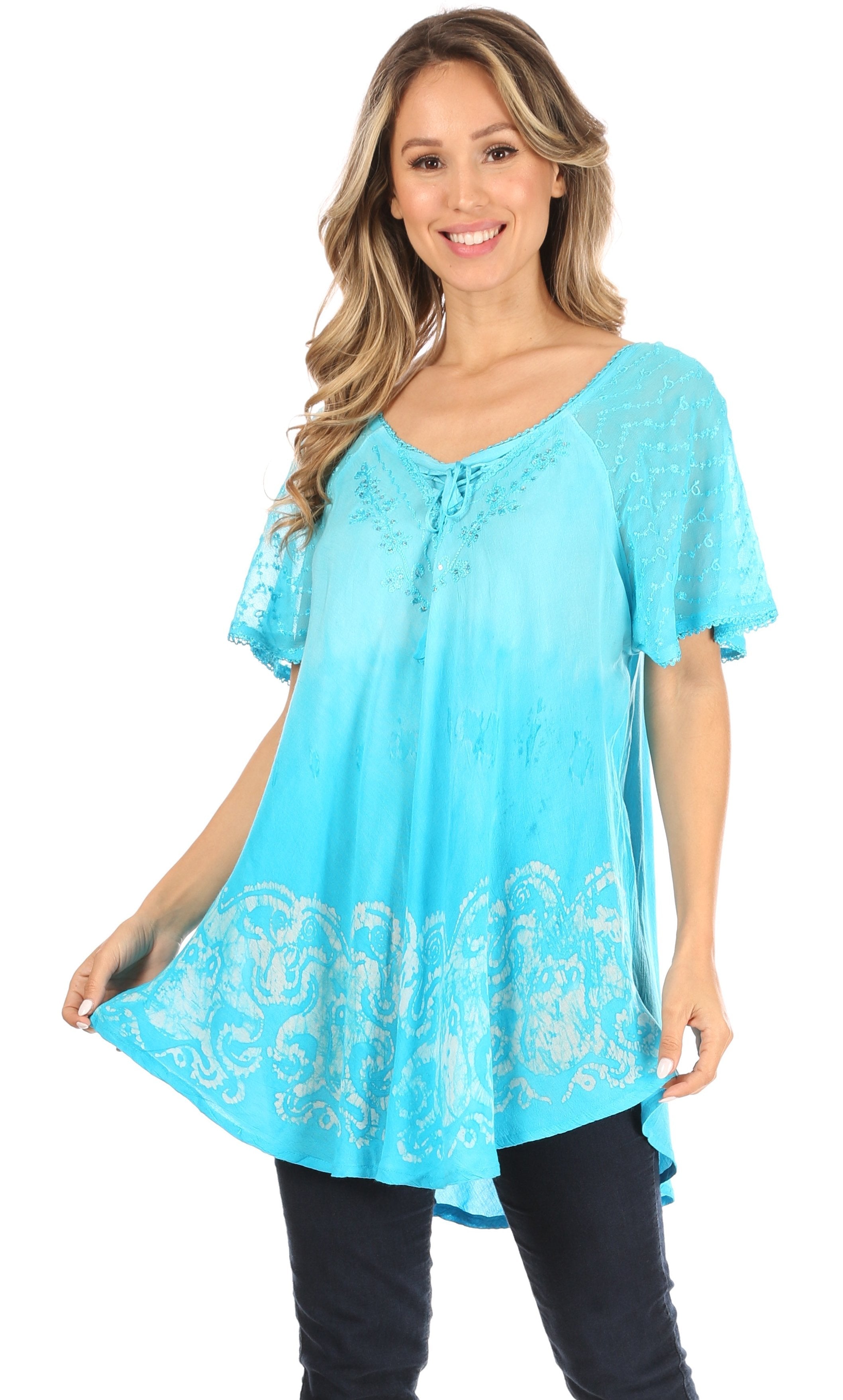 Sakkas - Petra Casual Loose Flared Corset Short Sleeve Lace Blouse Top Tunic