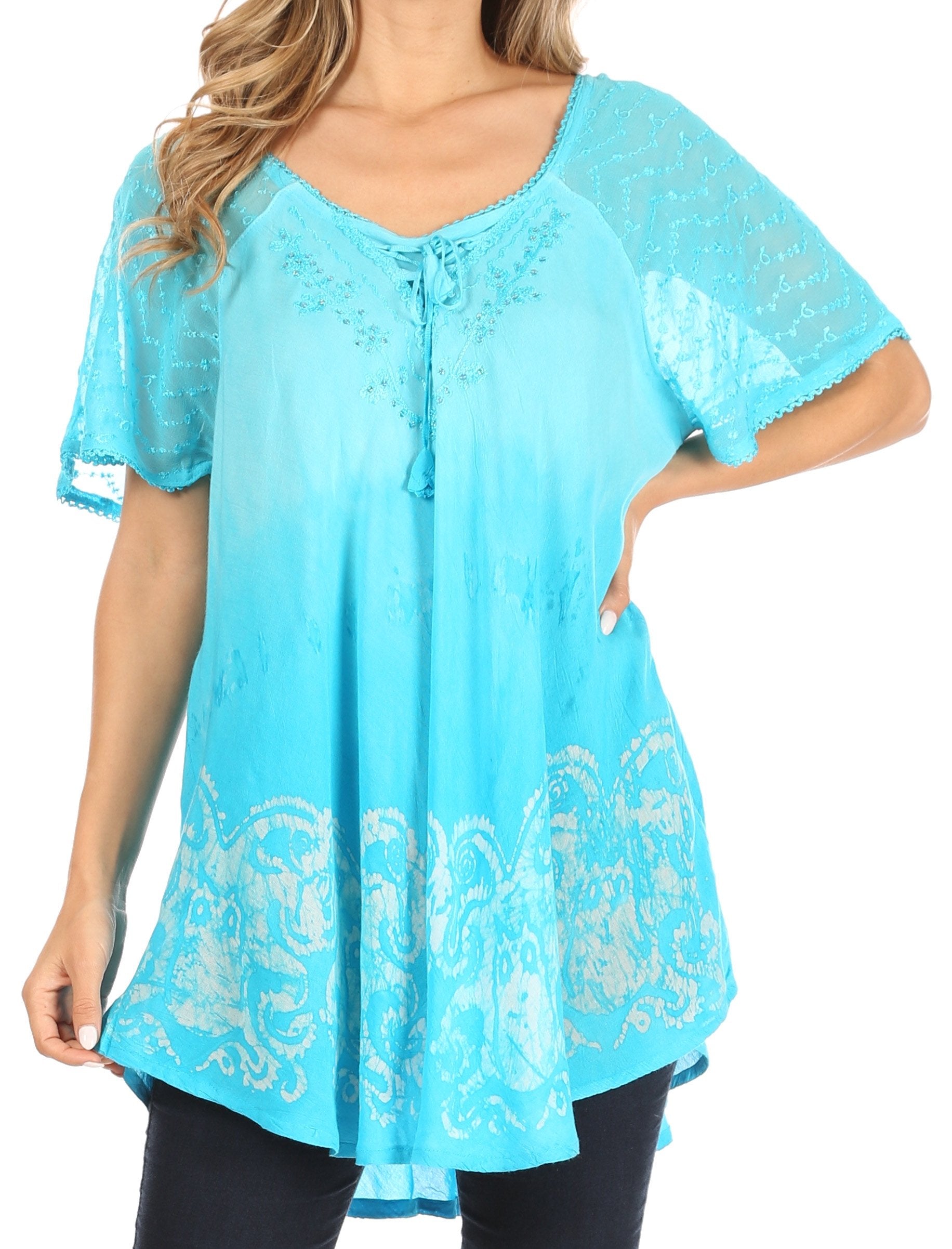 Sakkas - Petra Casual Loose Flared Corset Short Sleeve Lace Blouse Top Tunic