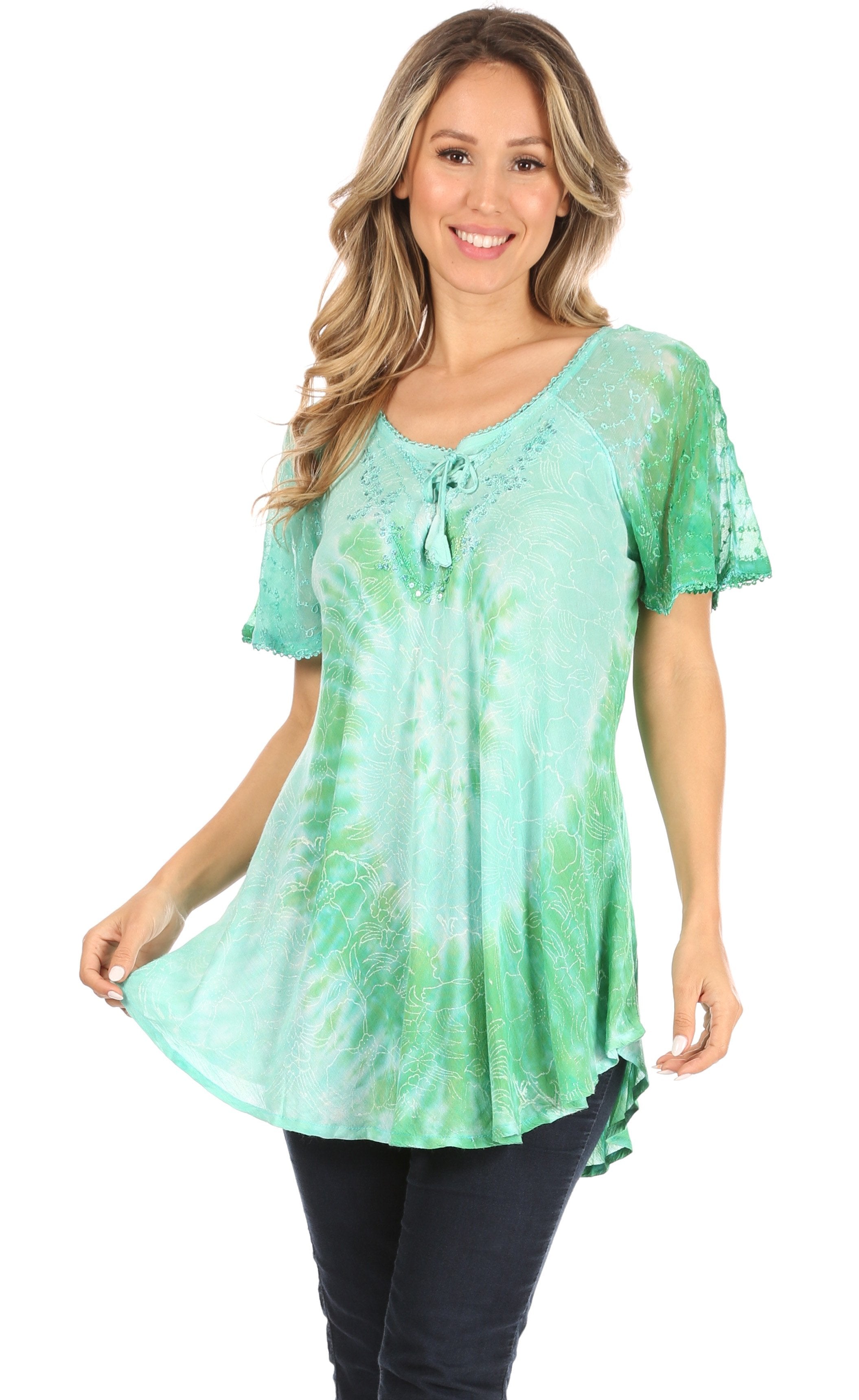 Sakkas - Petra Casual Loose Flared Corset Short Sleeve Lace Blouse Top Tunic