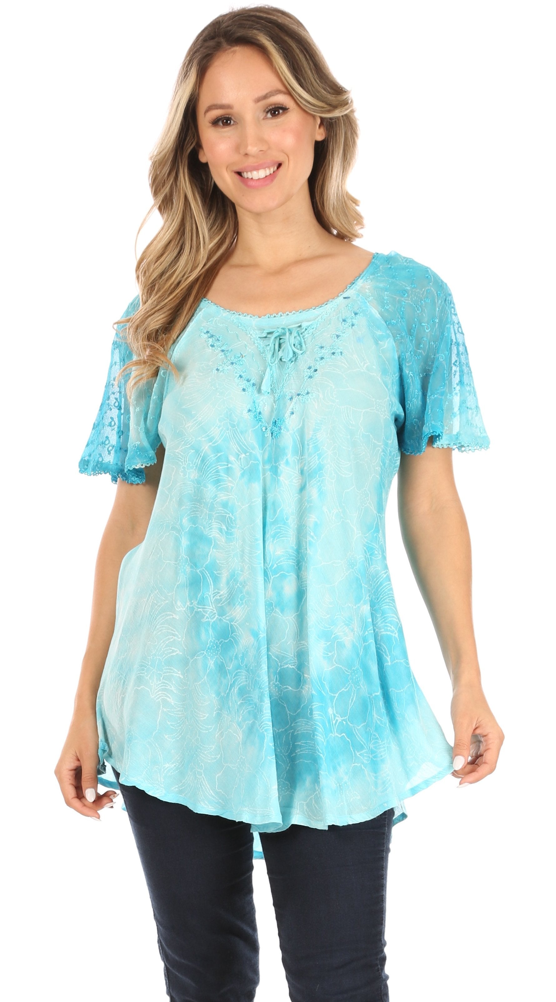 Sakkas - Petra Casual Loose Flared Corset Short Sleeve Lace Blouse Top Tunic
