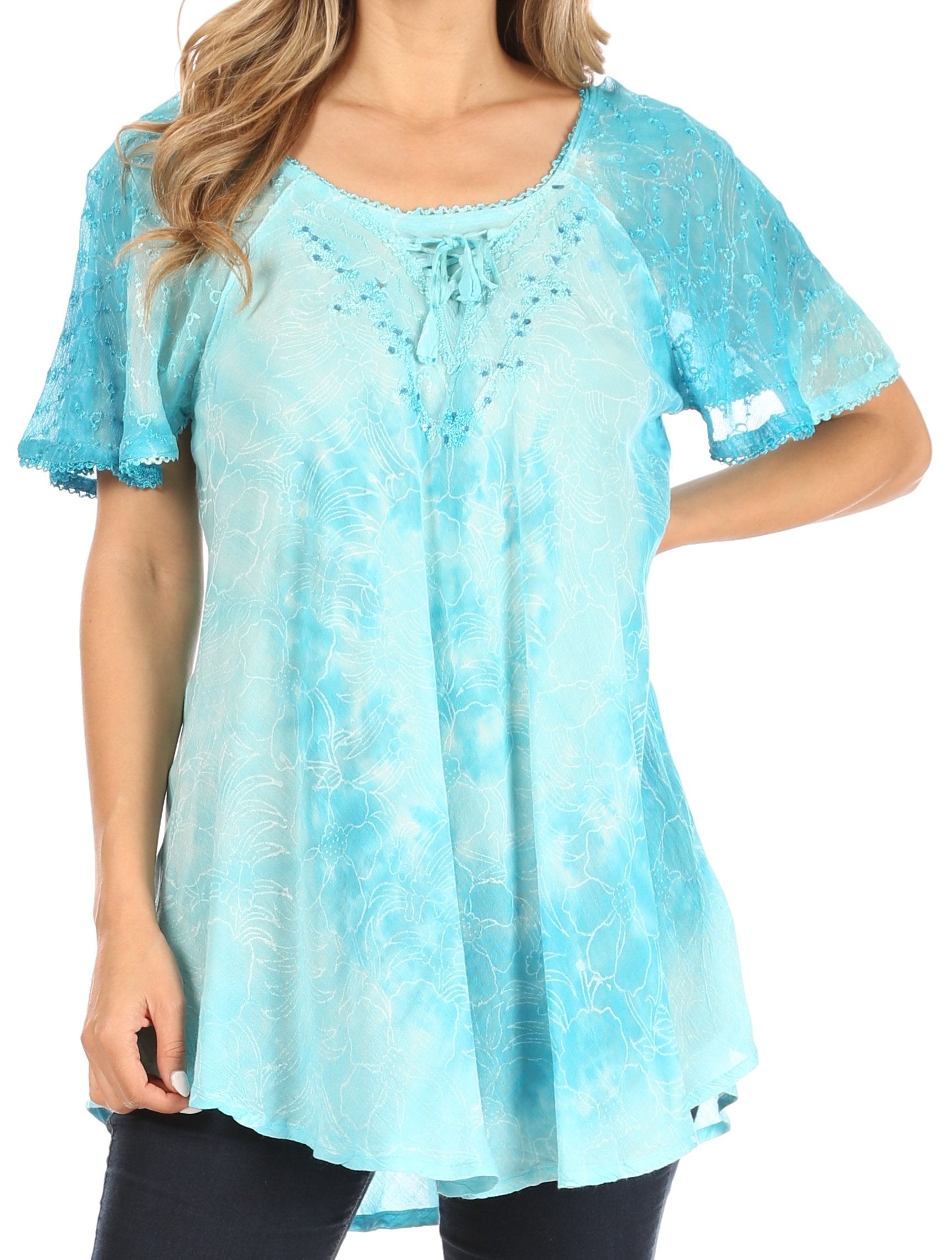 Sakkas - Petra Casual Loose Flared Corset Short Sleeve Lace Blouse Top Tunic