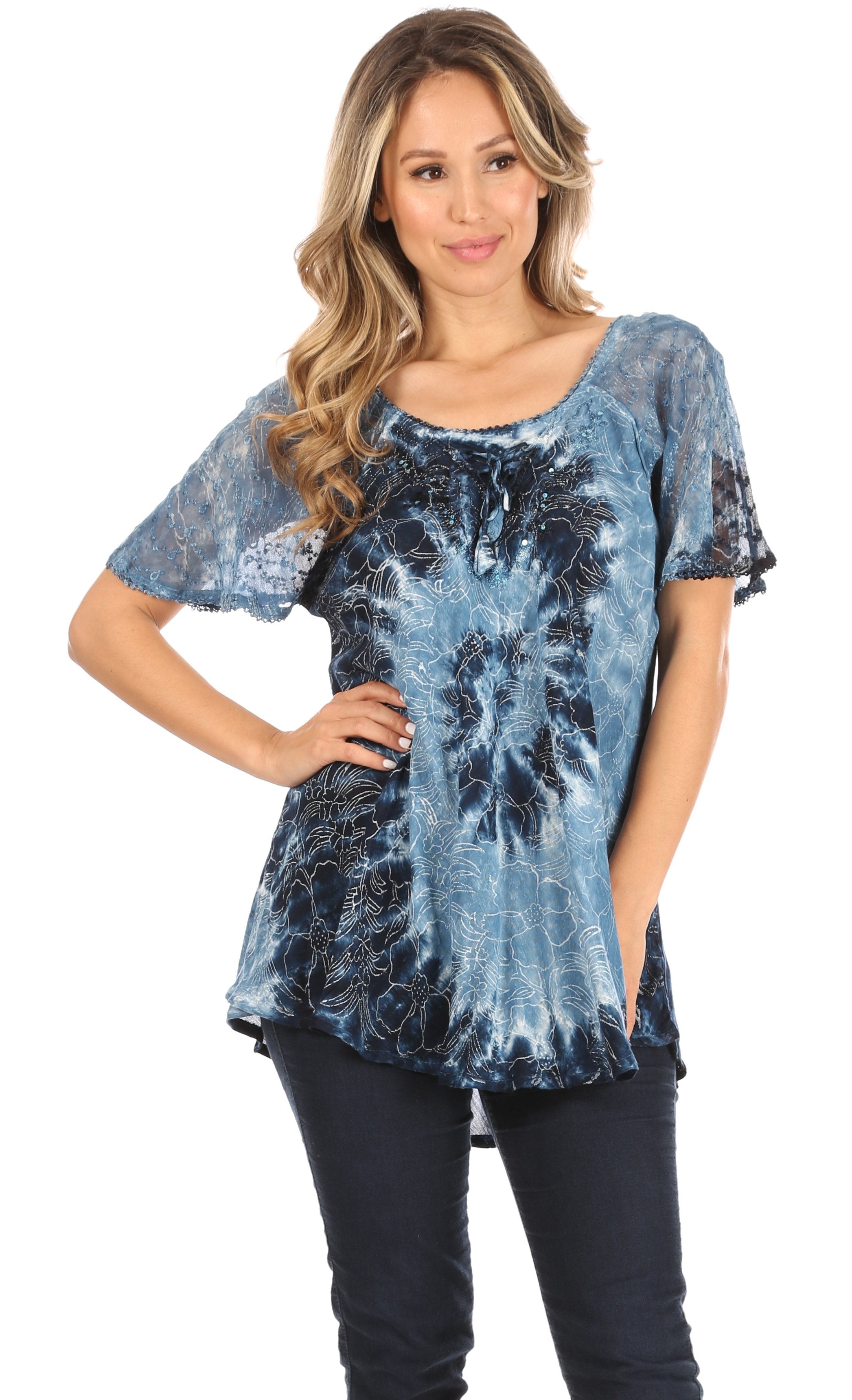 Sakkas - Petra Casual Loose Flared Corset Short Sleeve Lace Blouse Top Tunic