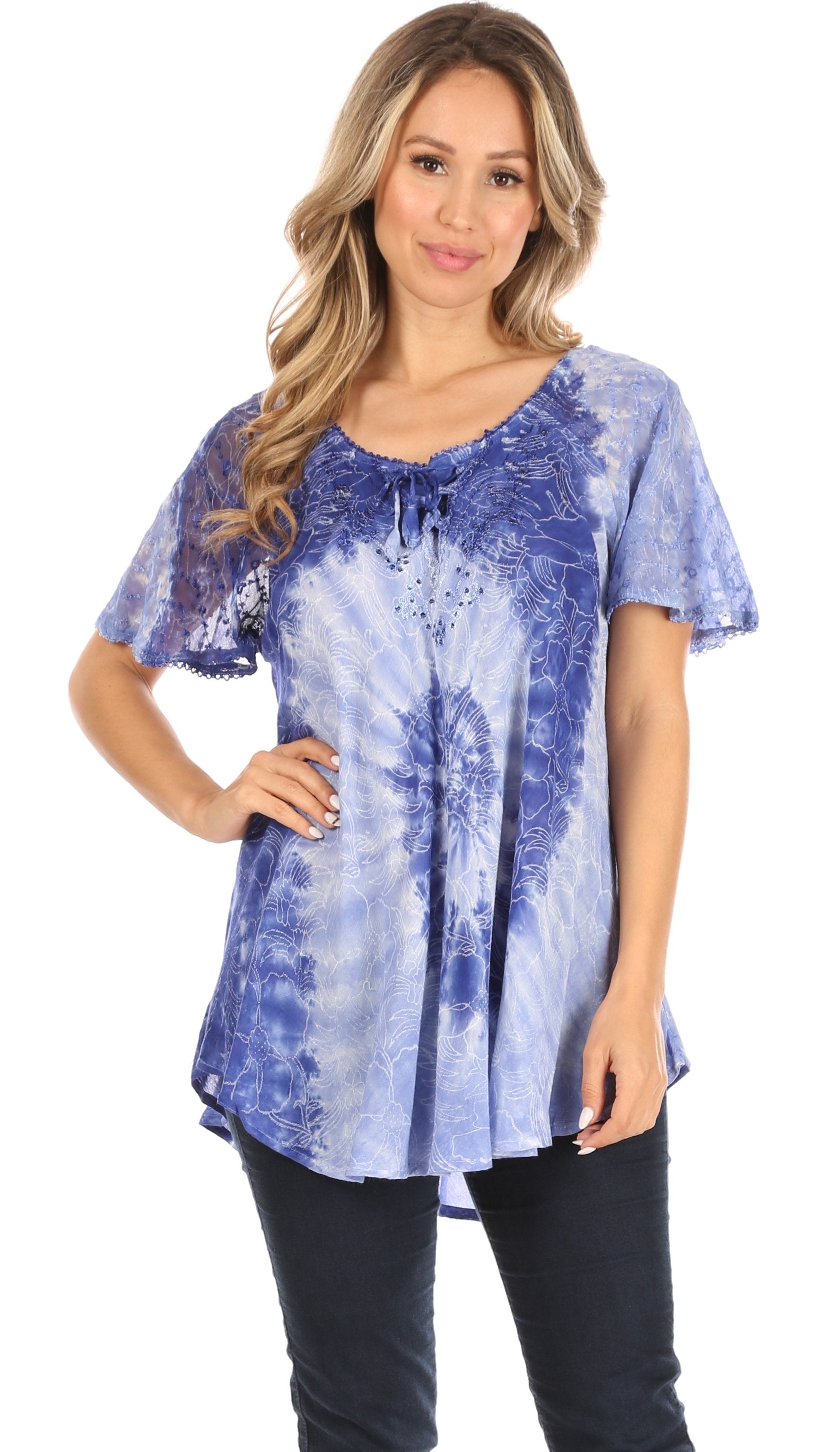 Sakkas - Petra Casual Loose Flared Corset Short Sleeve Lace Blouse Top Tunic