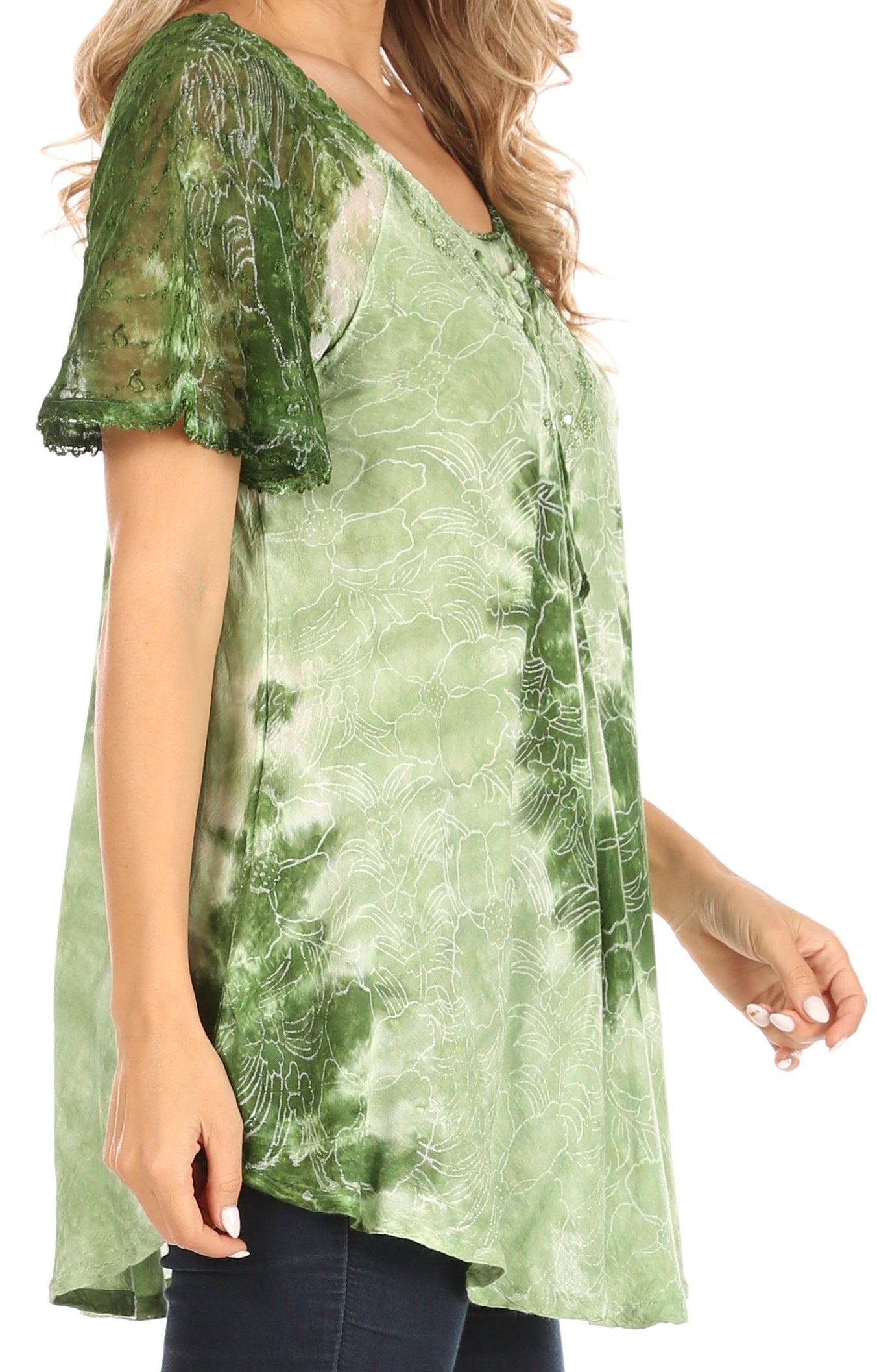 Sakkas - Petra Casual Loose Flared Corset Short Sleeve Lace Blouse Top Tunic