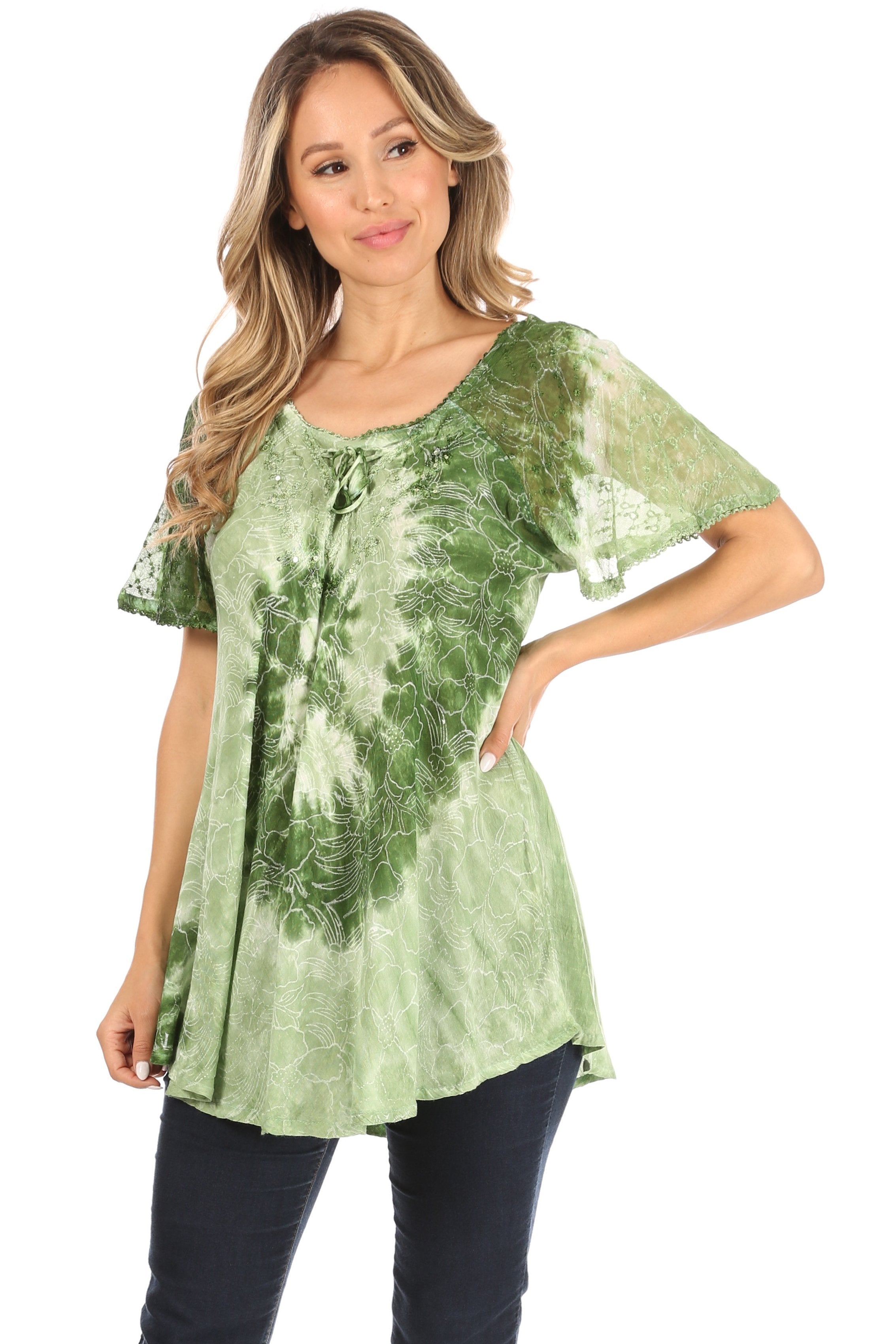 Sakkas - Petra Casual Loose Flared Corset Short Sleeve Lace Blouse Top Tunic