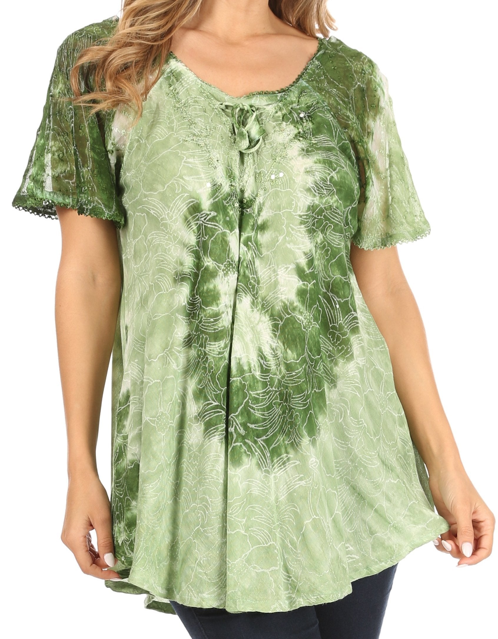 Sakkas - Petra Casual Loose Flared Corset Short Sleeve Lace Blouse Top Tunic