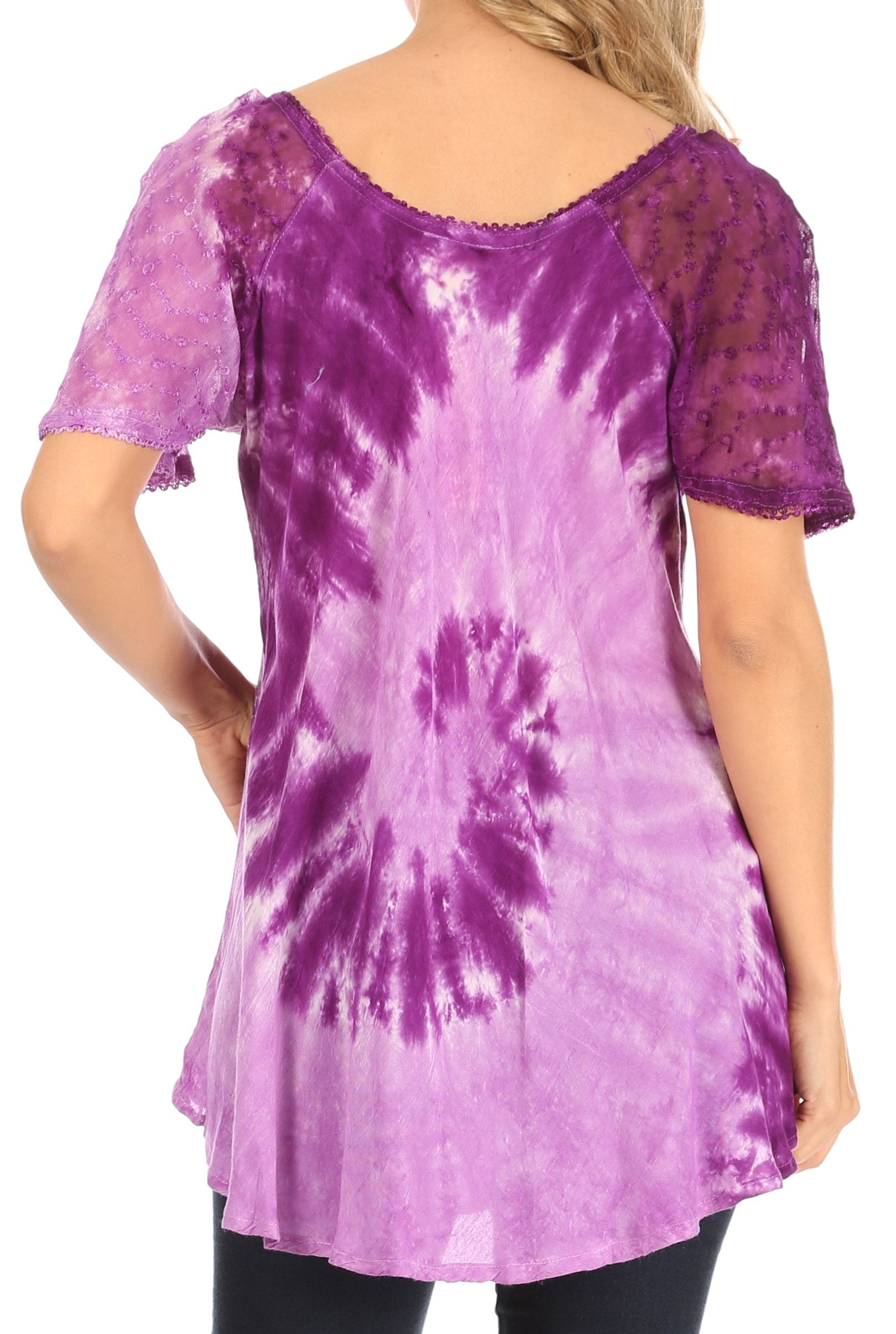 Sakkas - Petra Casual Loose Flared Corset Short Sleeve Lace Blouse Top Tunic