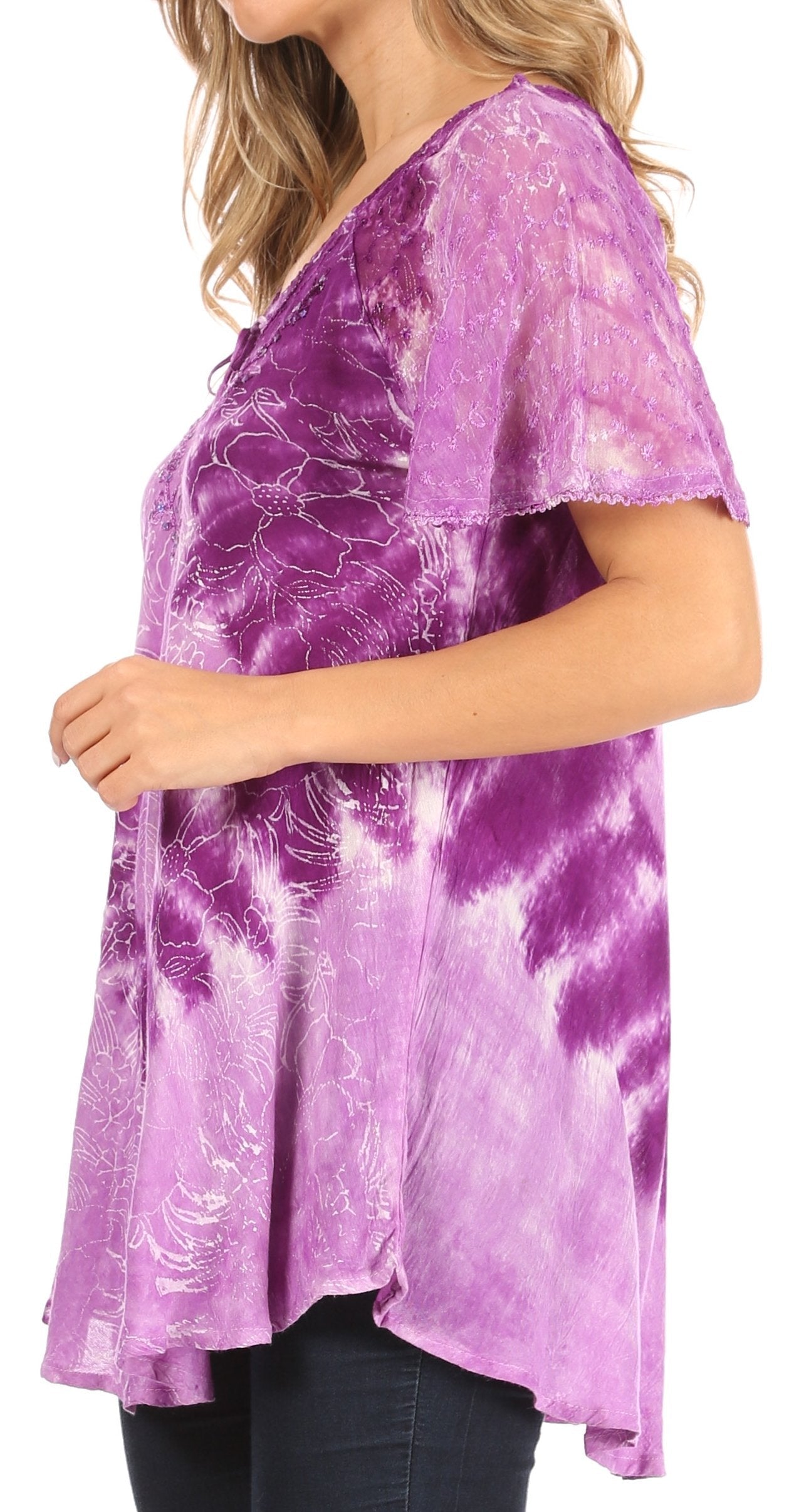 Sakkas - Petra Casual Loose Flared Corset Short Sleeve Lace Blouse Top Tunic