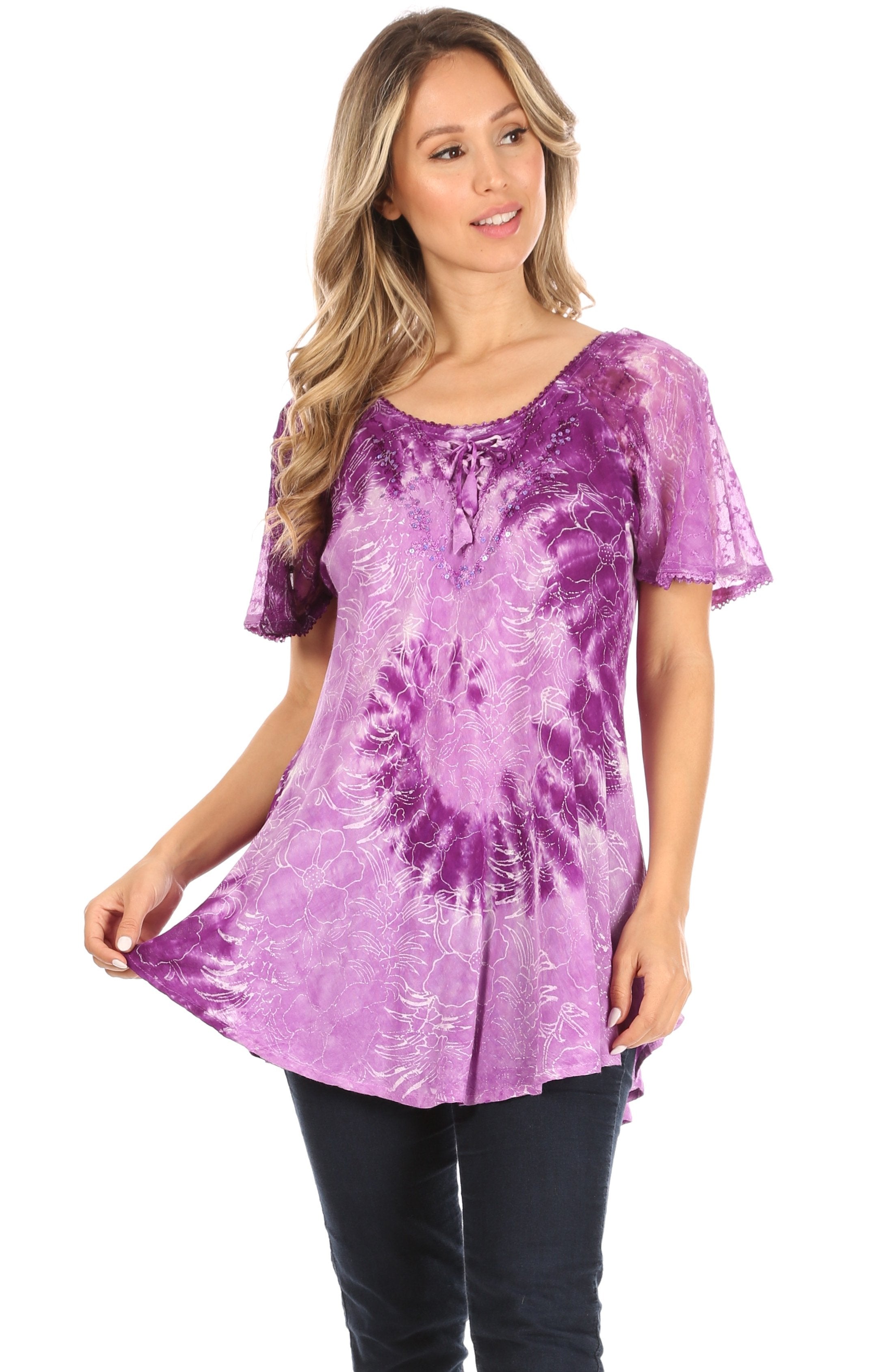Sakkas - Petra Casual Loose Flared Corset Short Sleeve Lace Blouse Top Tunic