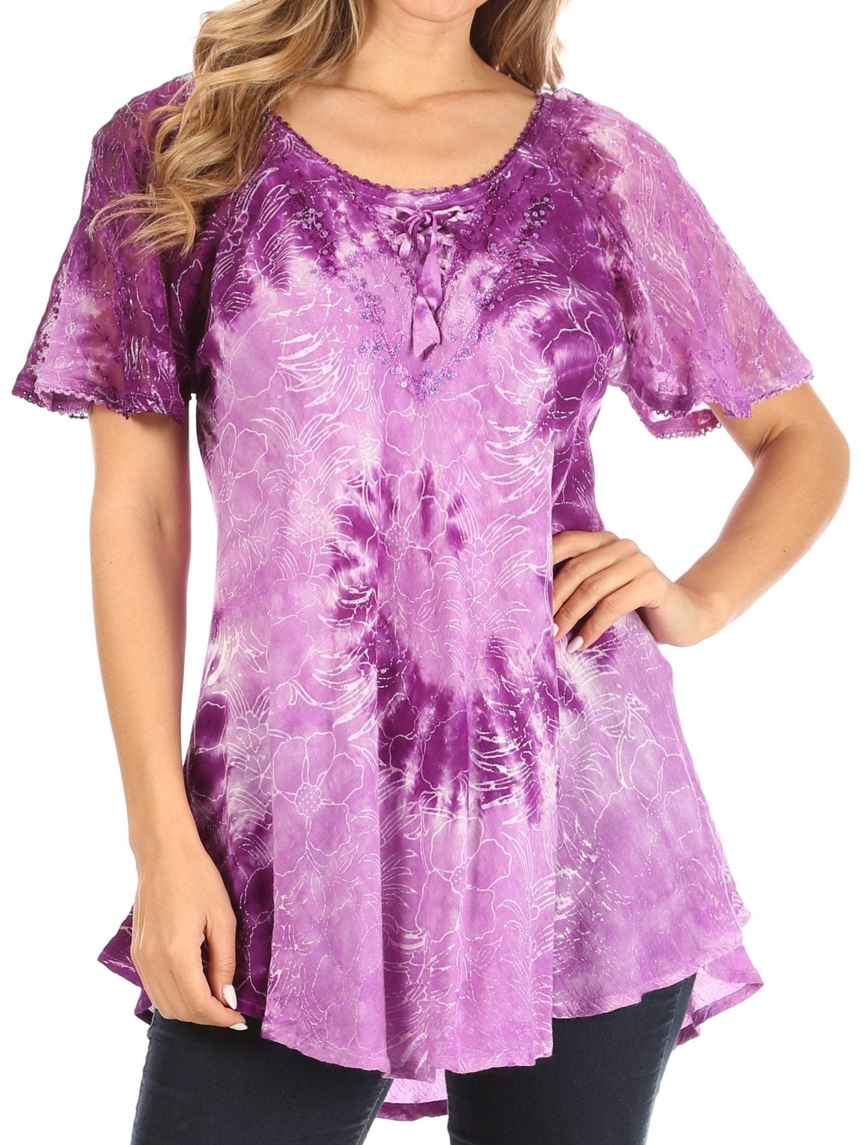 Sakkas - Petra Casual Loose Flared Corset Short Sleeve Lace Blouse Top Tunic