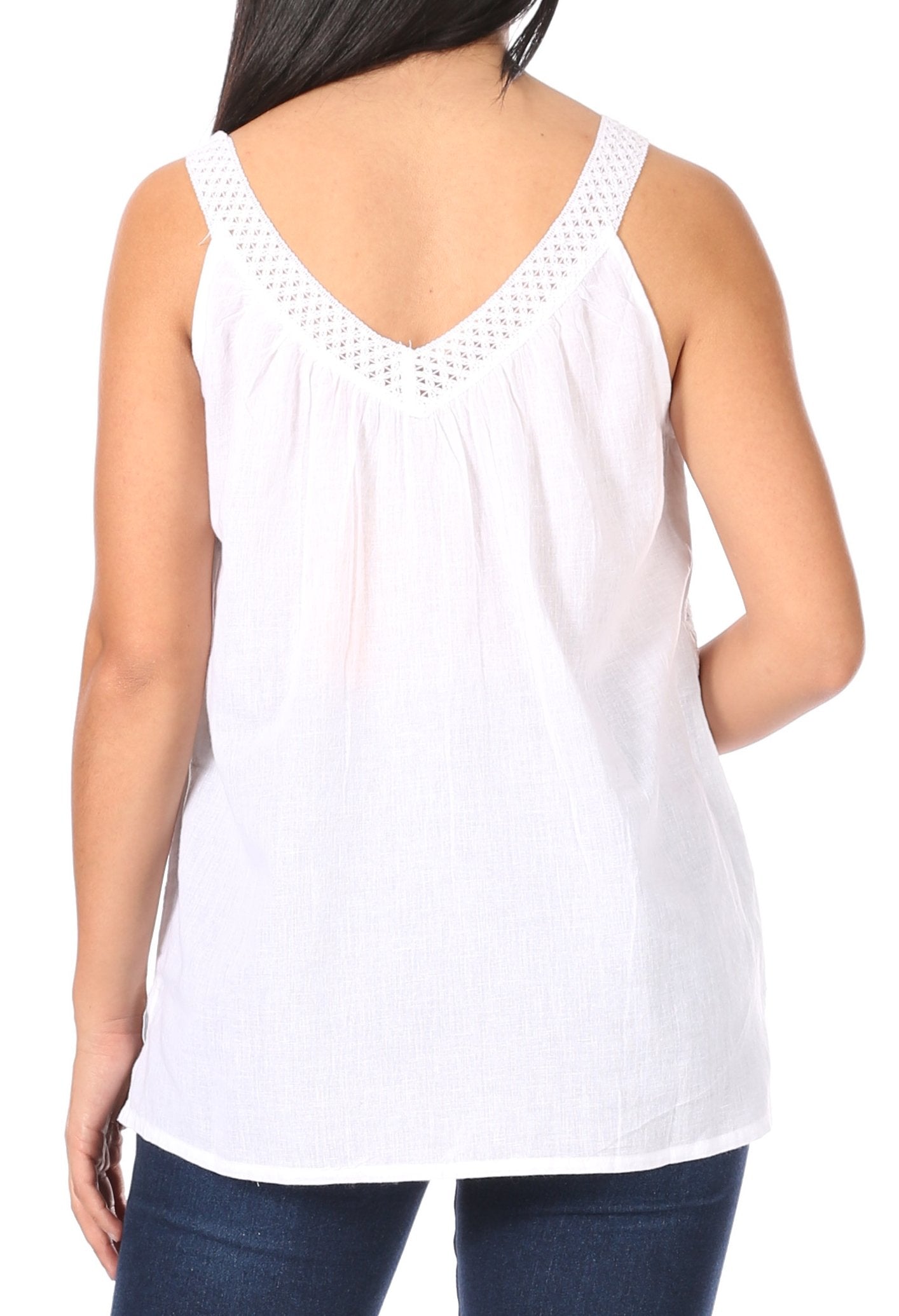 White sleeveless top with lace detailing on a white background