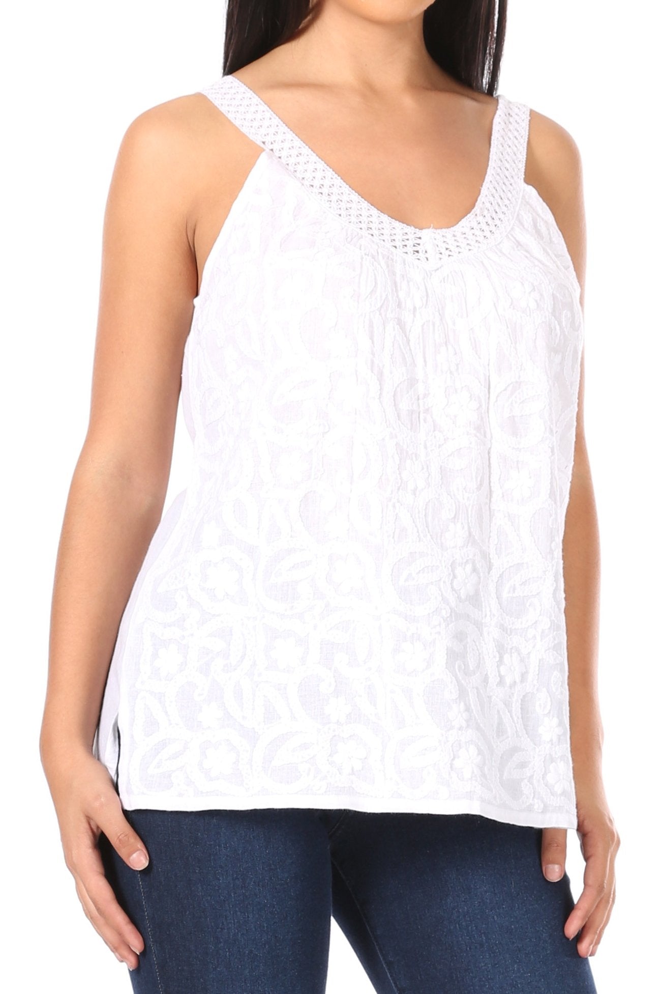 White sleeveless top worn by a person on a white background