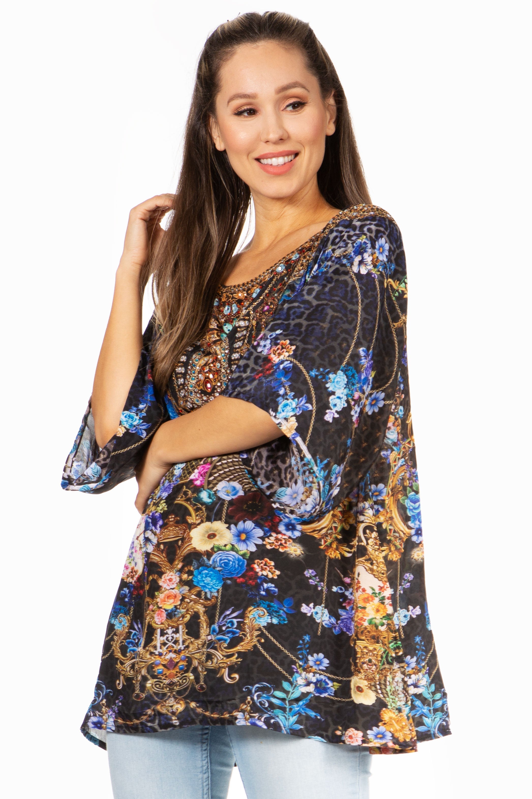 Sakkas - Marina Floral Women's Blouse - Short Sleeve Tunic