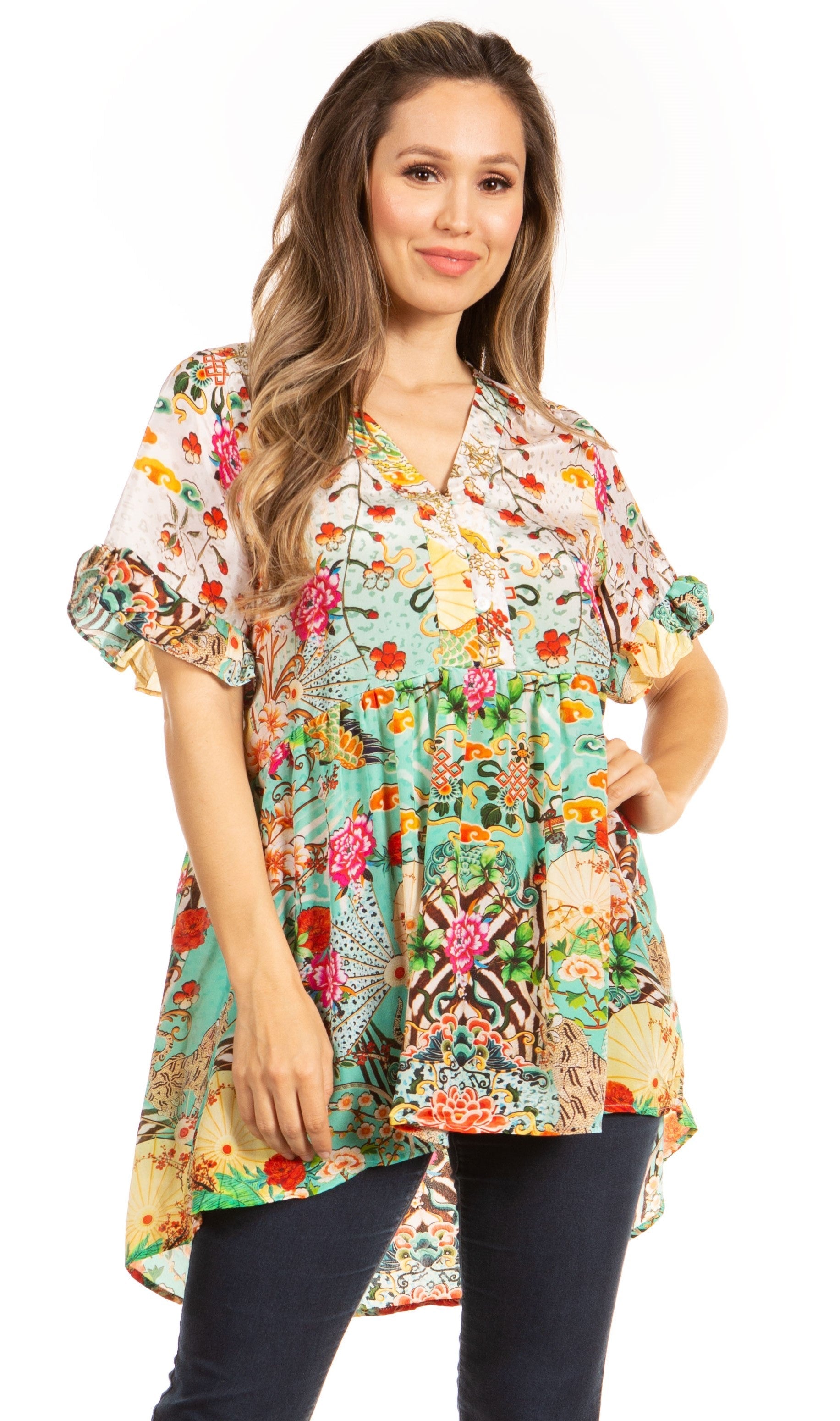 Woman wearing a colorful floral blouse on a white background