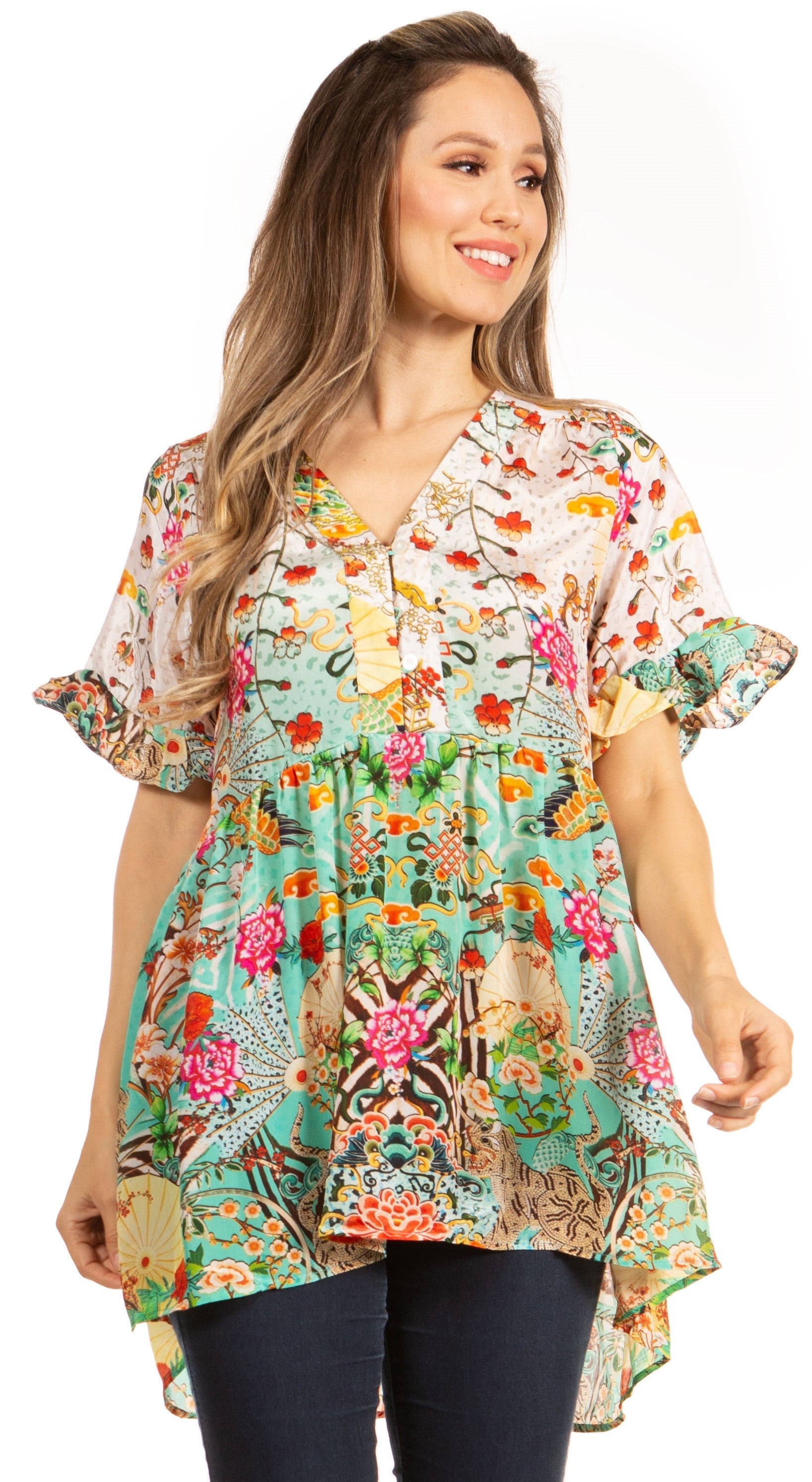 Woman wearing a colorful floral blouse on a white background