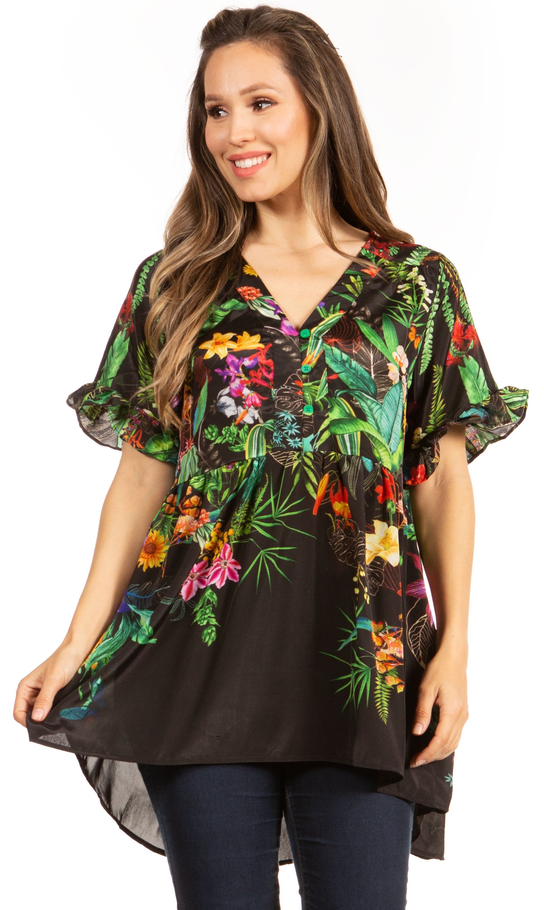 Woman wearing a black floral blouse with colorful patterns on a white background