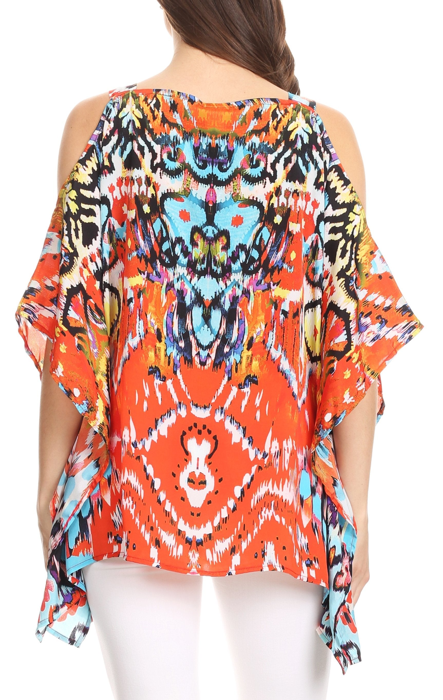 Sakkas - Saanvi Printed Draped Short Sleeve Strap Cutout Shoulder V-Neck Kaftan Top