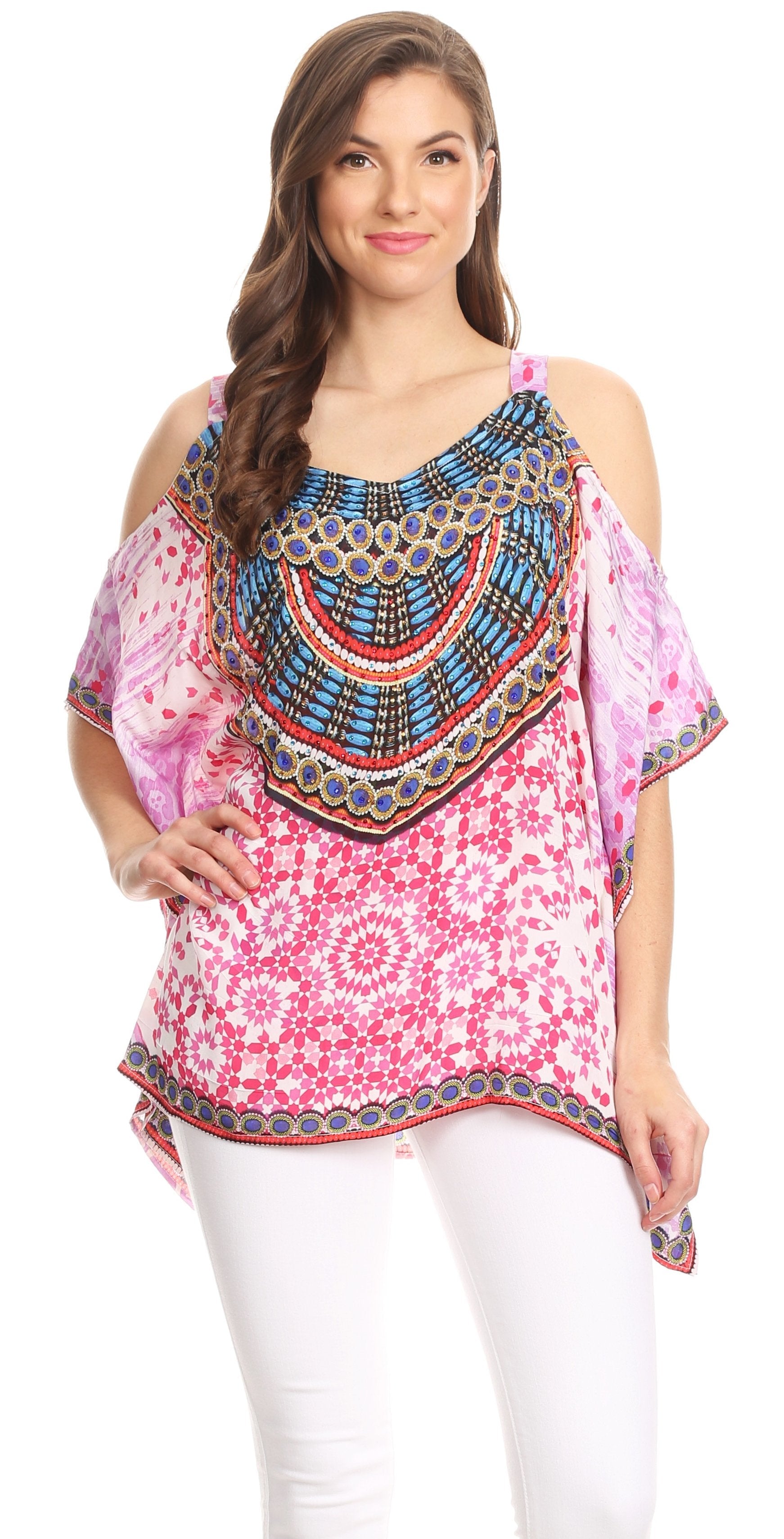 Woman wearing a colorful top with a white background
