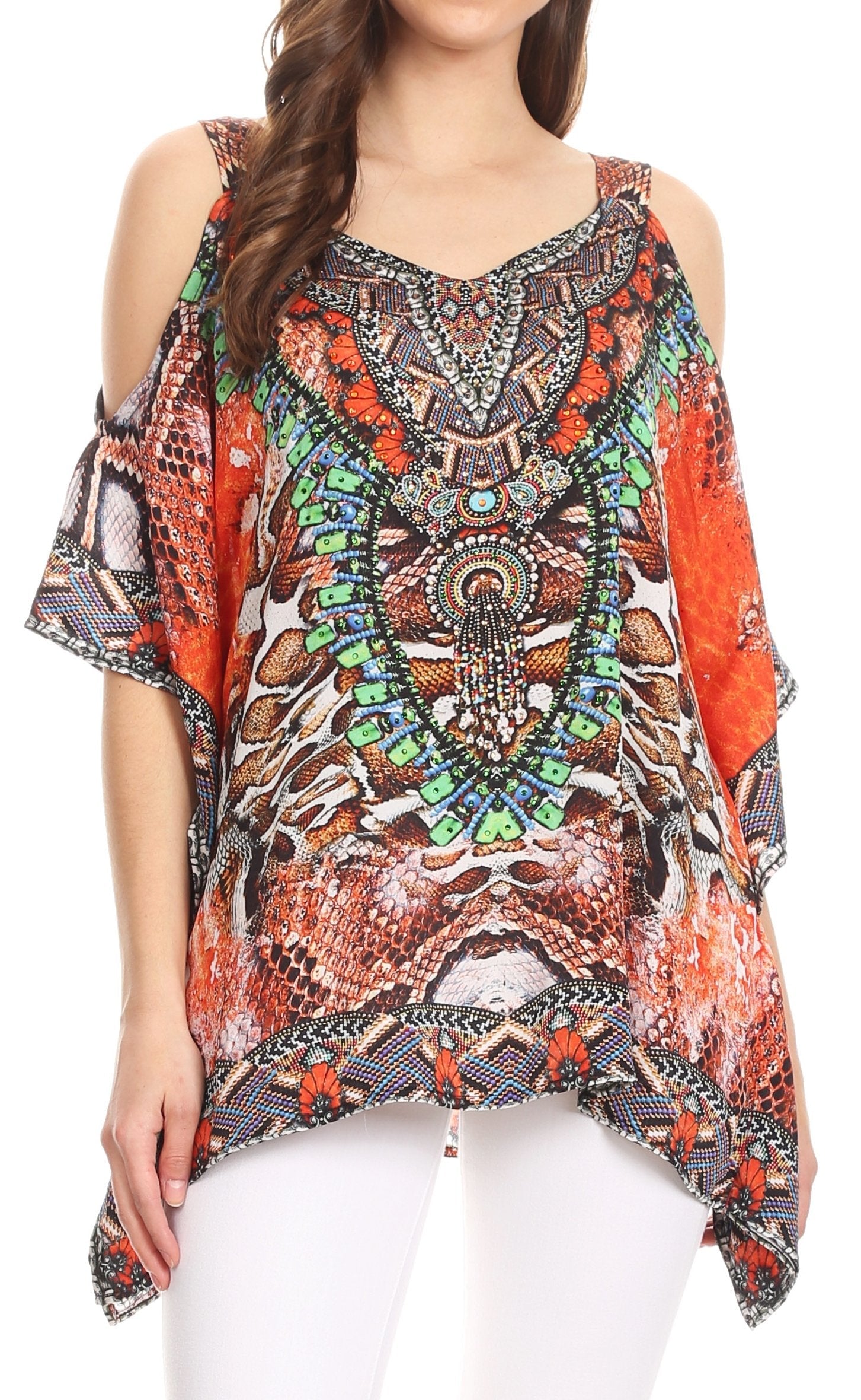 Colorful patterned top worn by a model on a white background