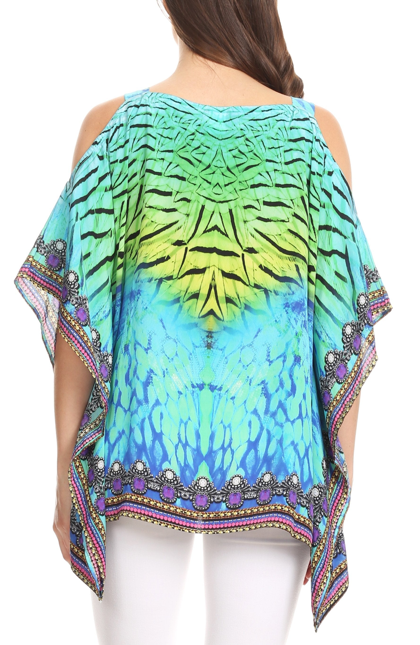 Colorful tie-dye patterned top with a mandala design on a white background