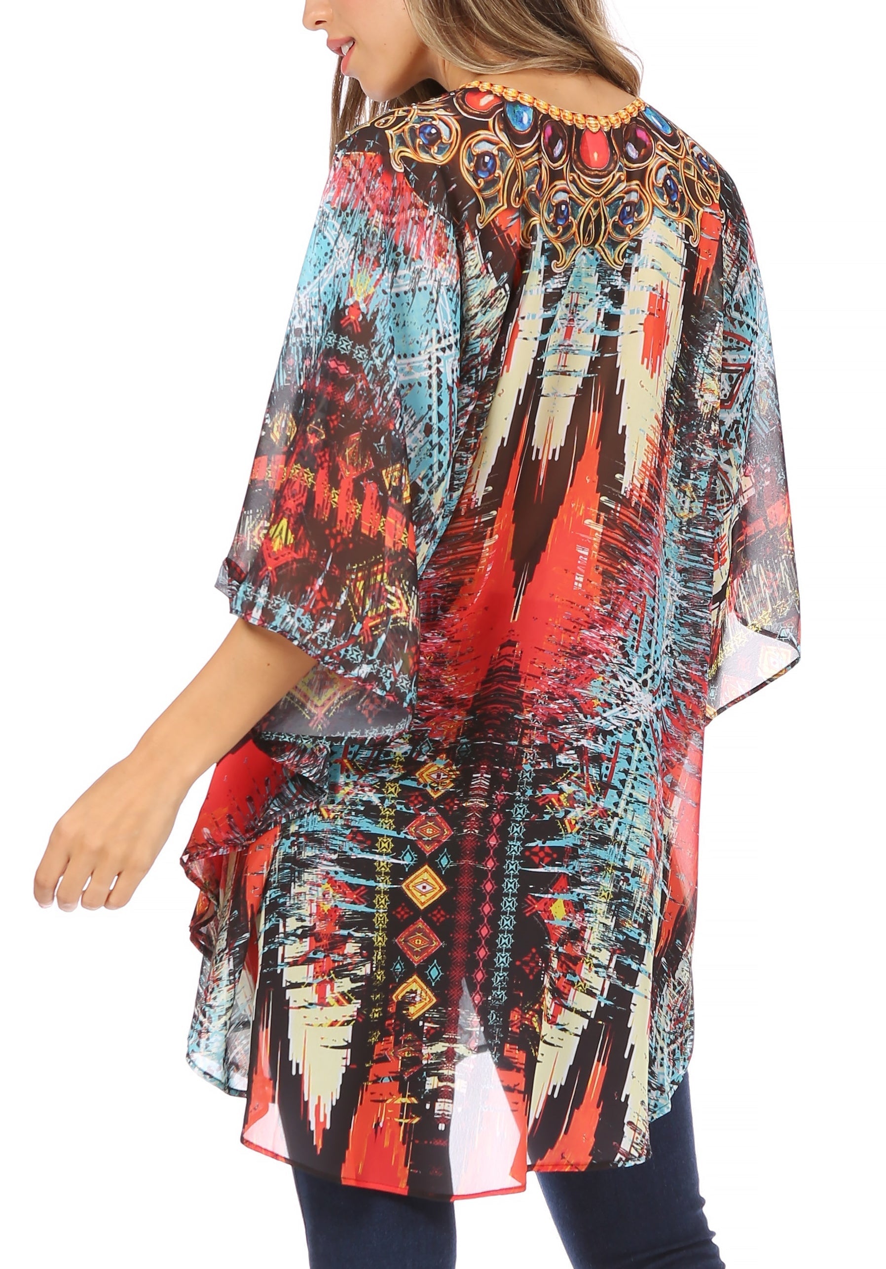Sakkas - Sloane Printed V Neck Loose Fit Casual Circle Top Blouse with Ties