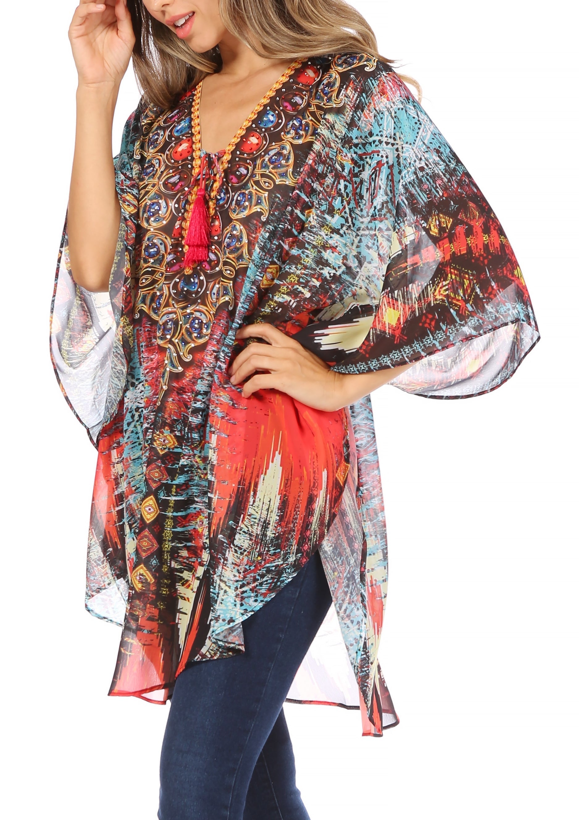 Sakkas - Sloane Printed V Neck Loose Fit Casual Circle Top Blouse with Ties
