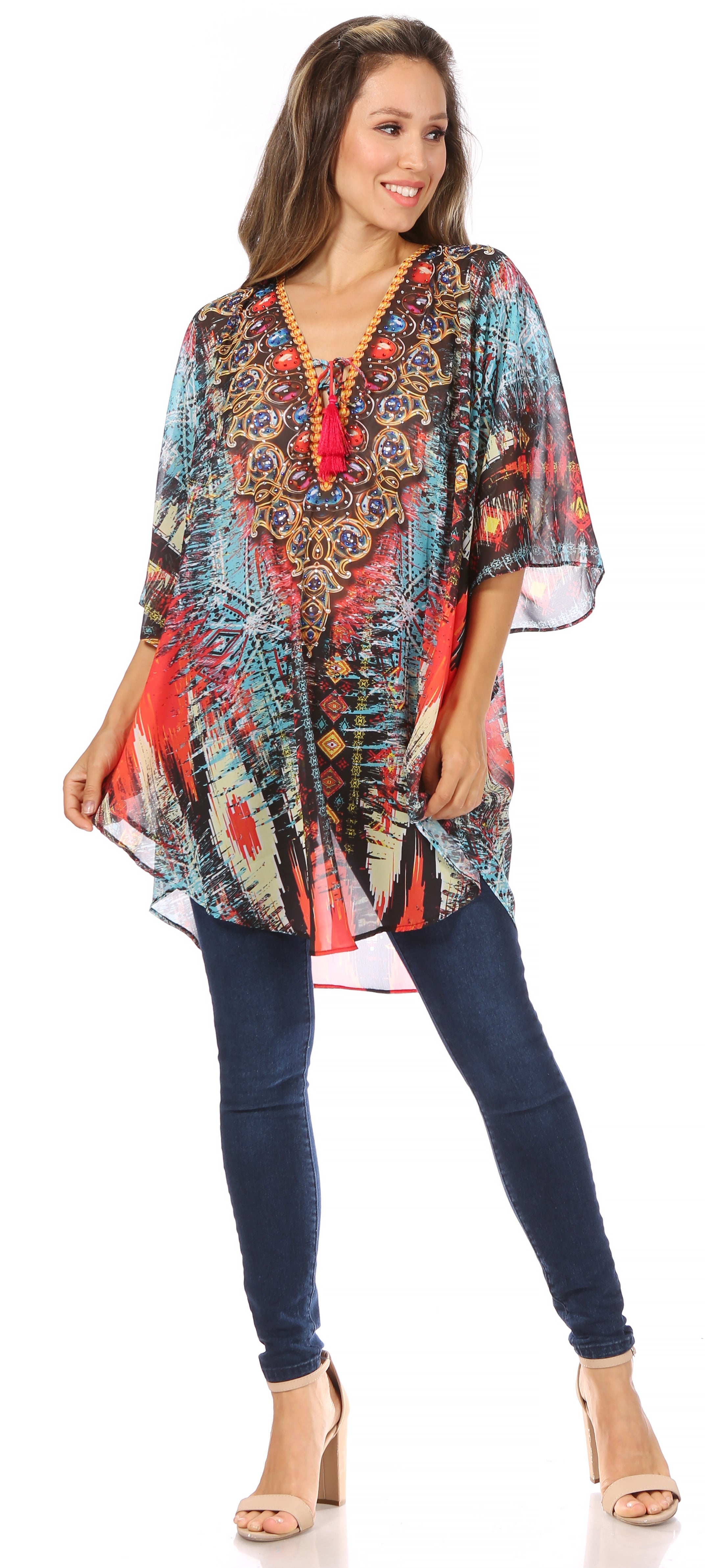 Sakkas - Sloane Printed V Neck Loose Fit Casual Circle Top Blouse with Ties