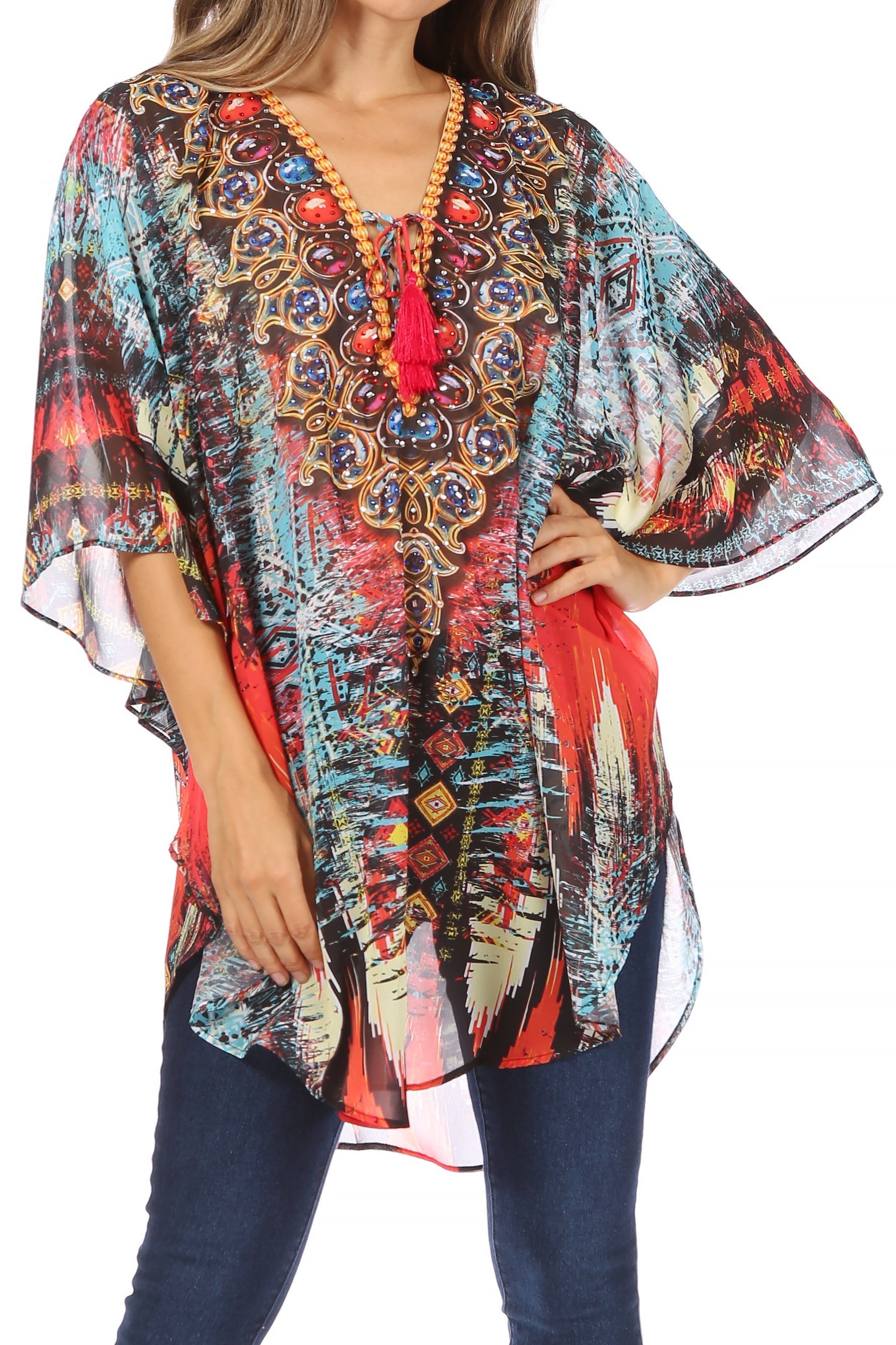 Sakkas - Sloane Printed V Neck Loose Fit Casual Circle Top Blouse with Ties