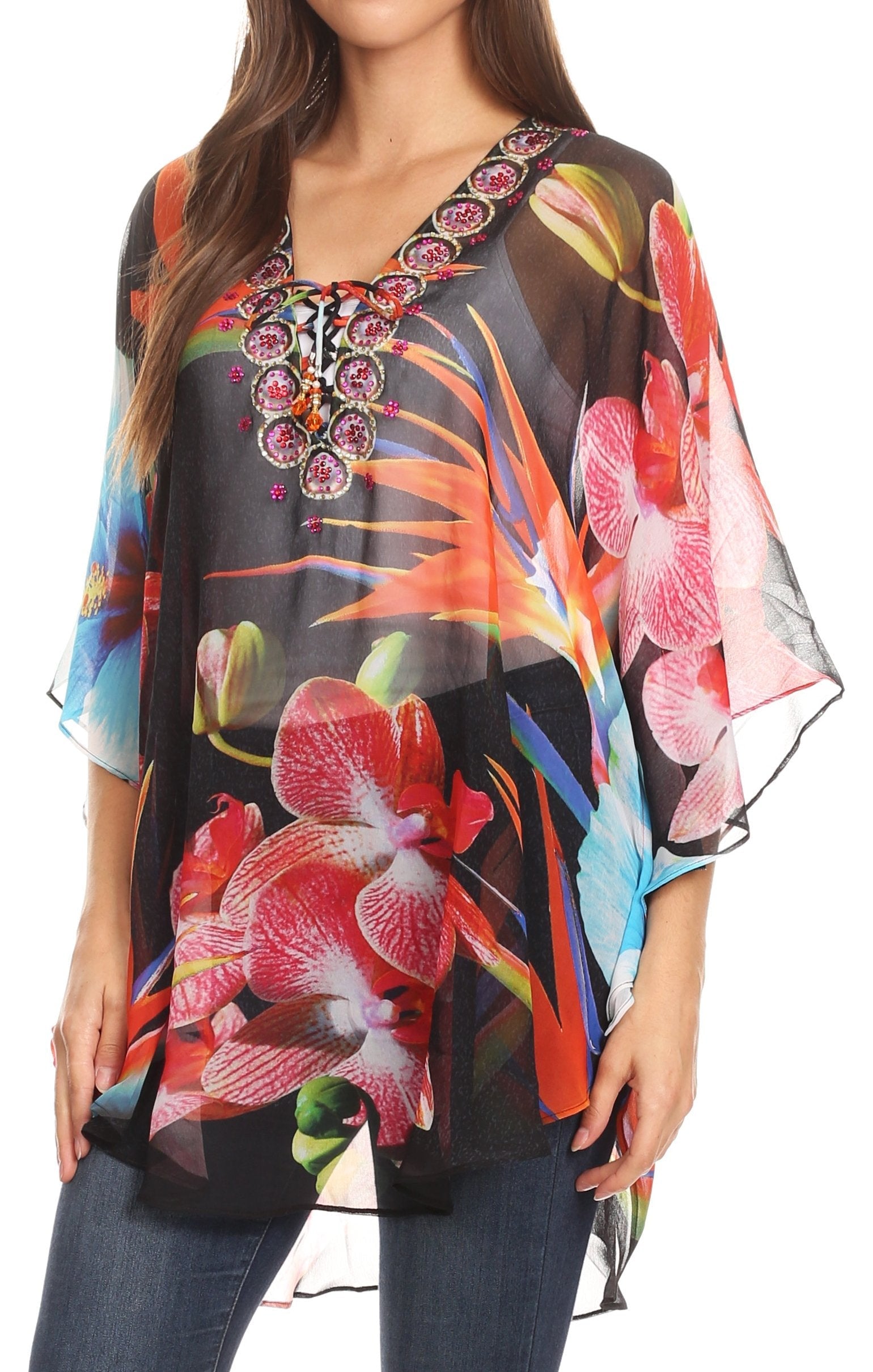 Sakkas - Sloane Printed V Neck Loose Fit Casual Circle Top Blouse with Ties