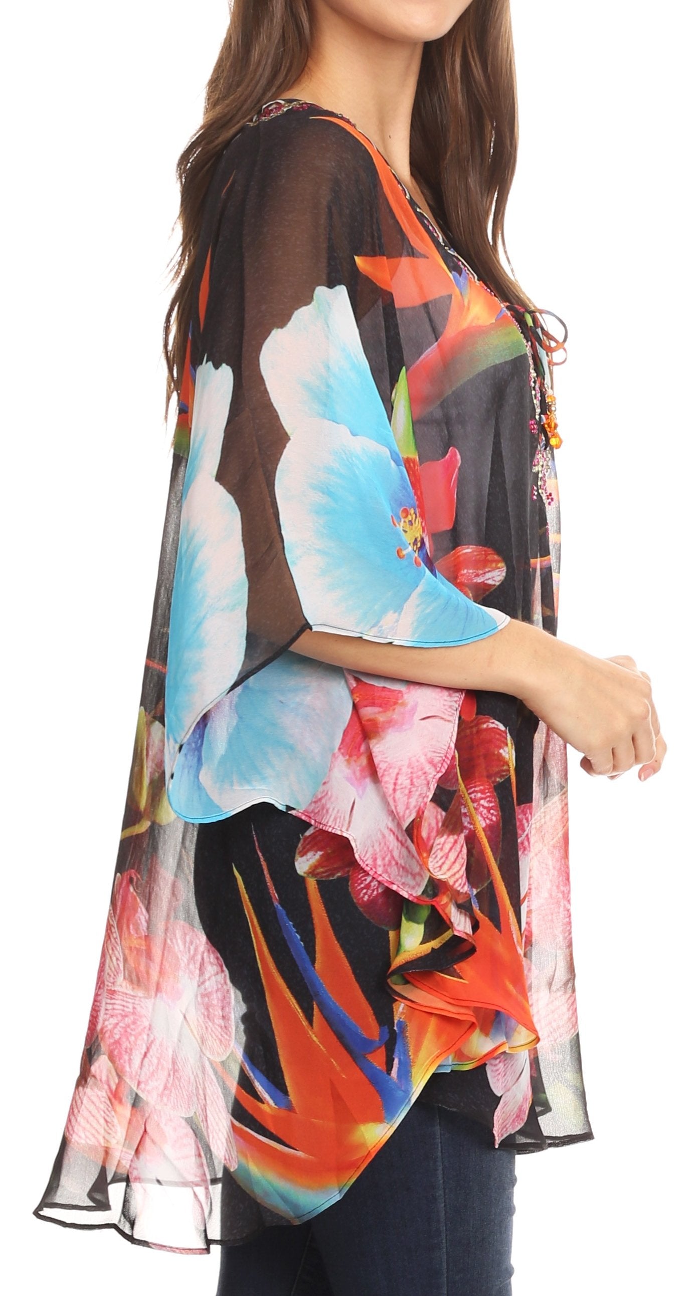 Sakkas - Sloane Printed V Neck Loose Fit Casual Circle Top Blouse with Ties