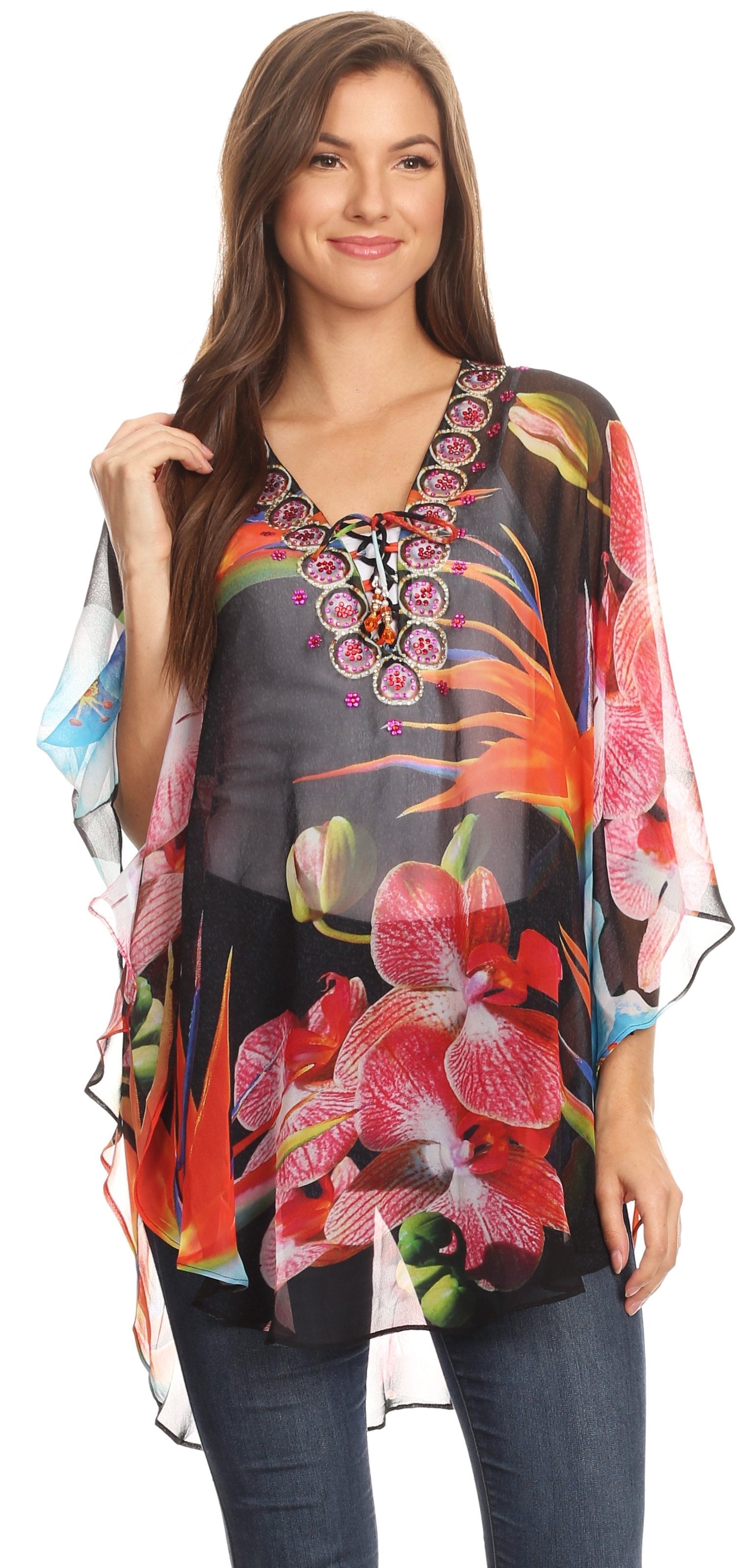 Sakkas - Sloane Printed V Neck Loose Fit Casual Circle Top Blouse with Ties