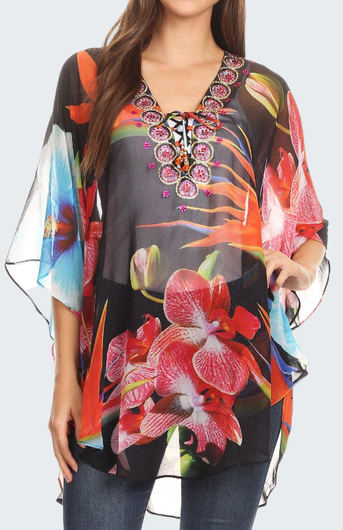 Colorful floral kimono-style top with embroidery on a white background