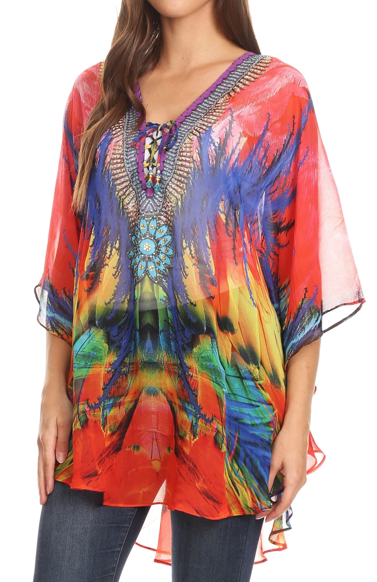 Sakkas - Sloane Printed V Neck Loose Fit Casual Circle Top Blouse with Ties